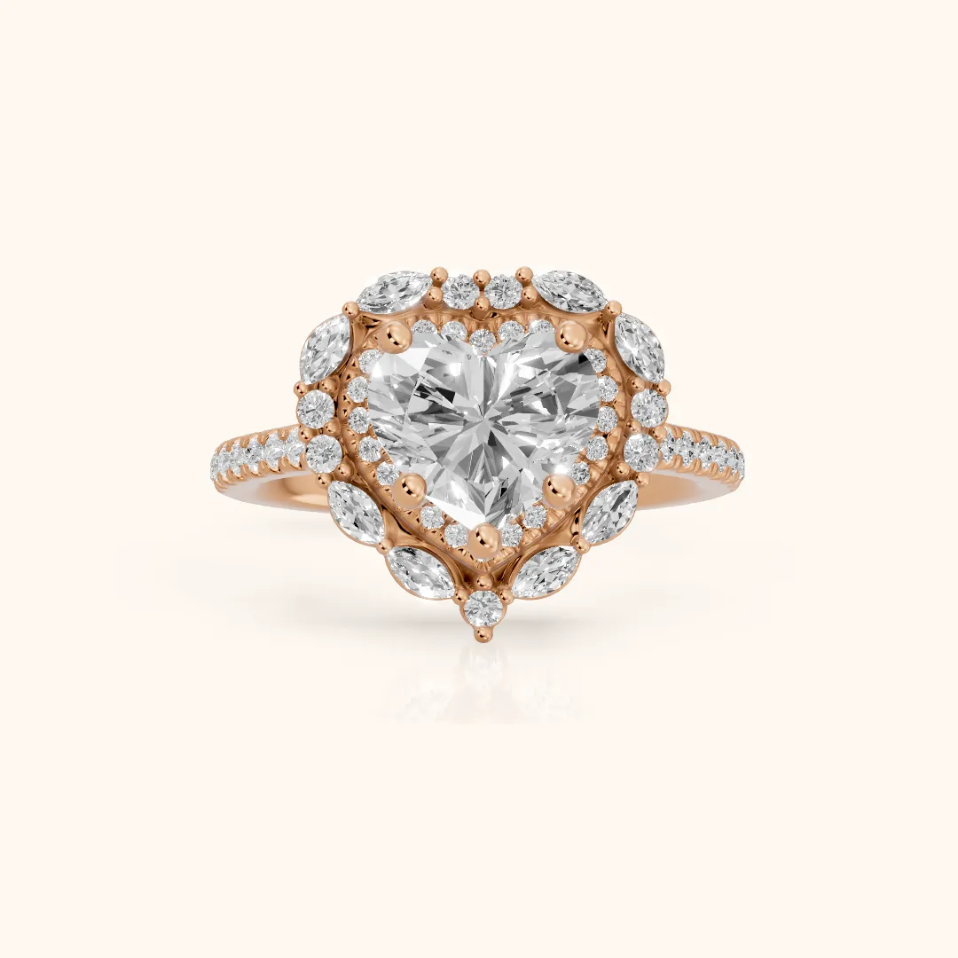Lyndon Floral Double Halo Heart Diamond Engagement Ring in Rose Gold — view 2