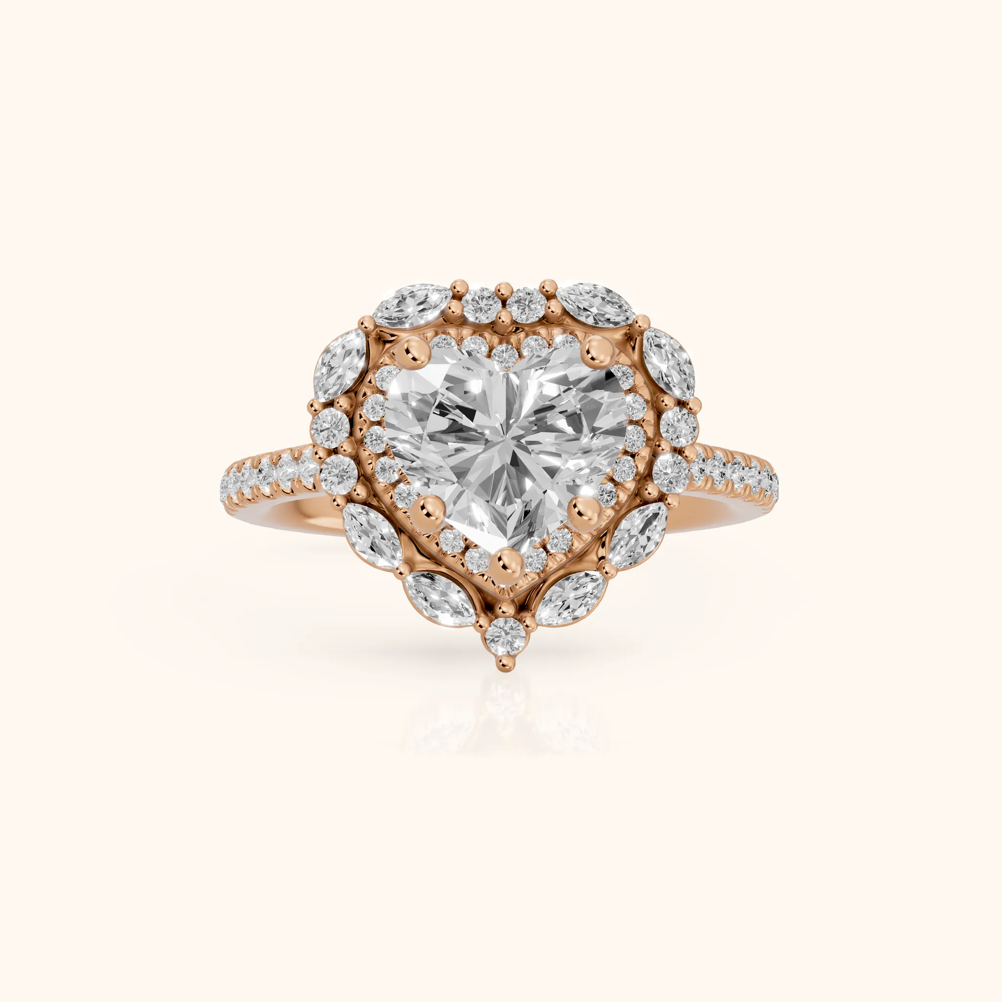 Lyndon Floral Double Halo Heart Diamond Engagement Ring in Rose Gold — view 1