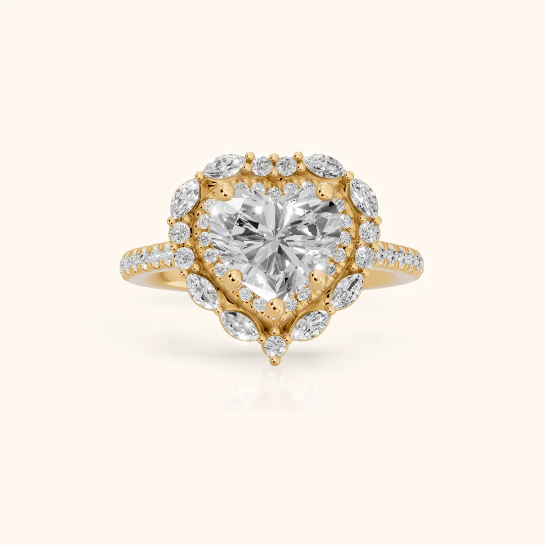 Lyndon Floral Double Halo Heart Diamond Engagement Ring in Yellow Gold — view 2