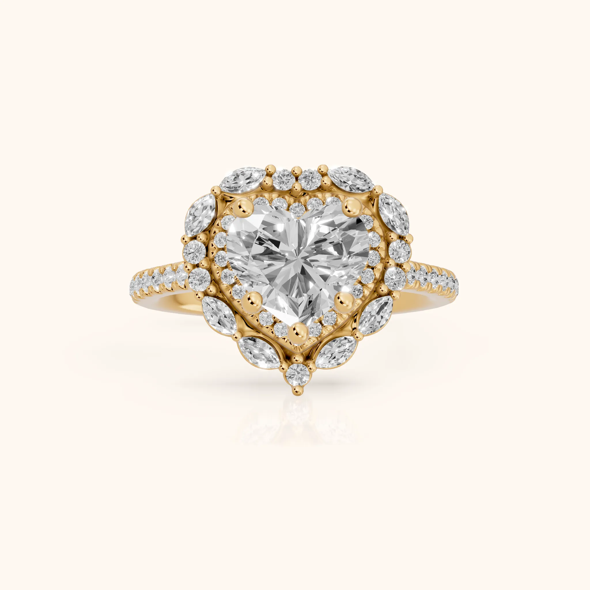 Lyndon Floral Double Halo Heart Diamond Engagement Ring in Yellow Gold — view 1
