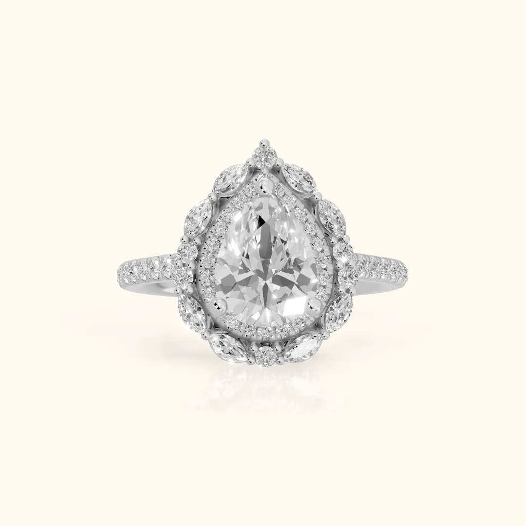 Lyndon Floral Double Halo Pear Diamond Engagement Ring in Platinum — view 2