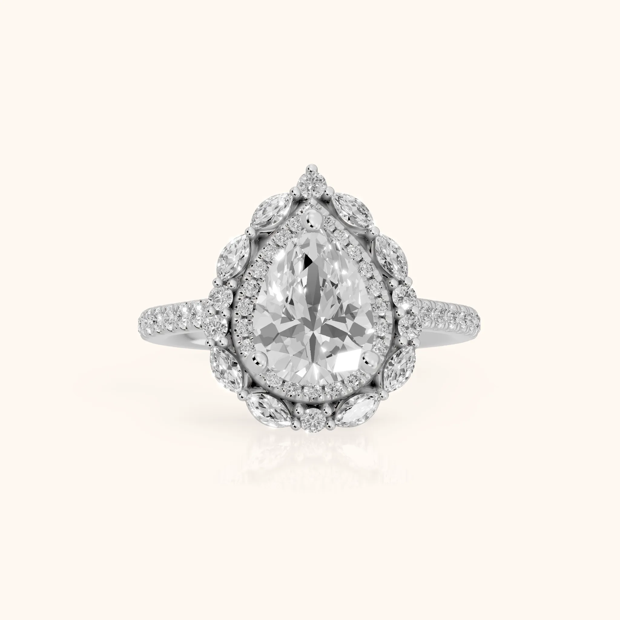 Lyndon Floral Double Halo Pear Diamond Engagement Ring in Platinum — view 1