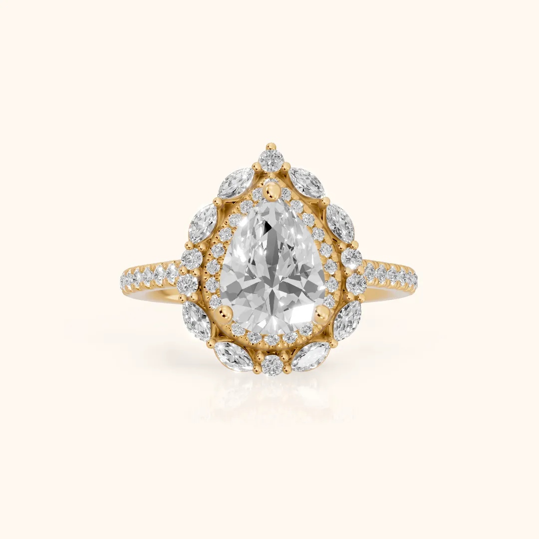 Lyndon Floral Double Halo Pear Diamond Engagement Ring in Yellow Gold — view 2