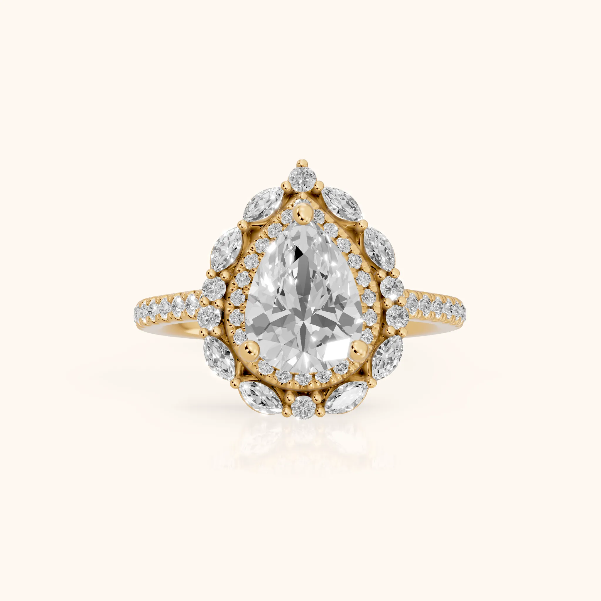 Lyndon Floral Double Halo Pear Diamond Engagement Ring in Yellow Gold — view 1
