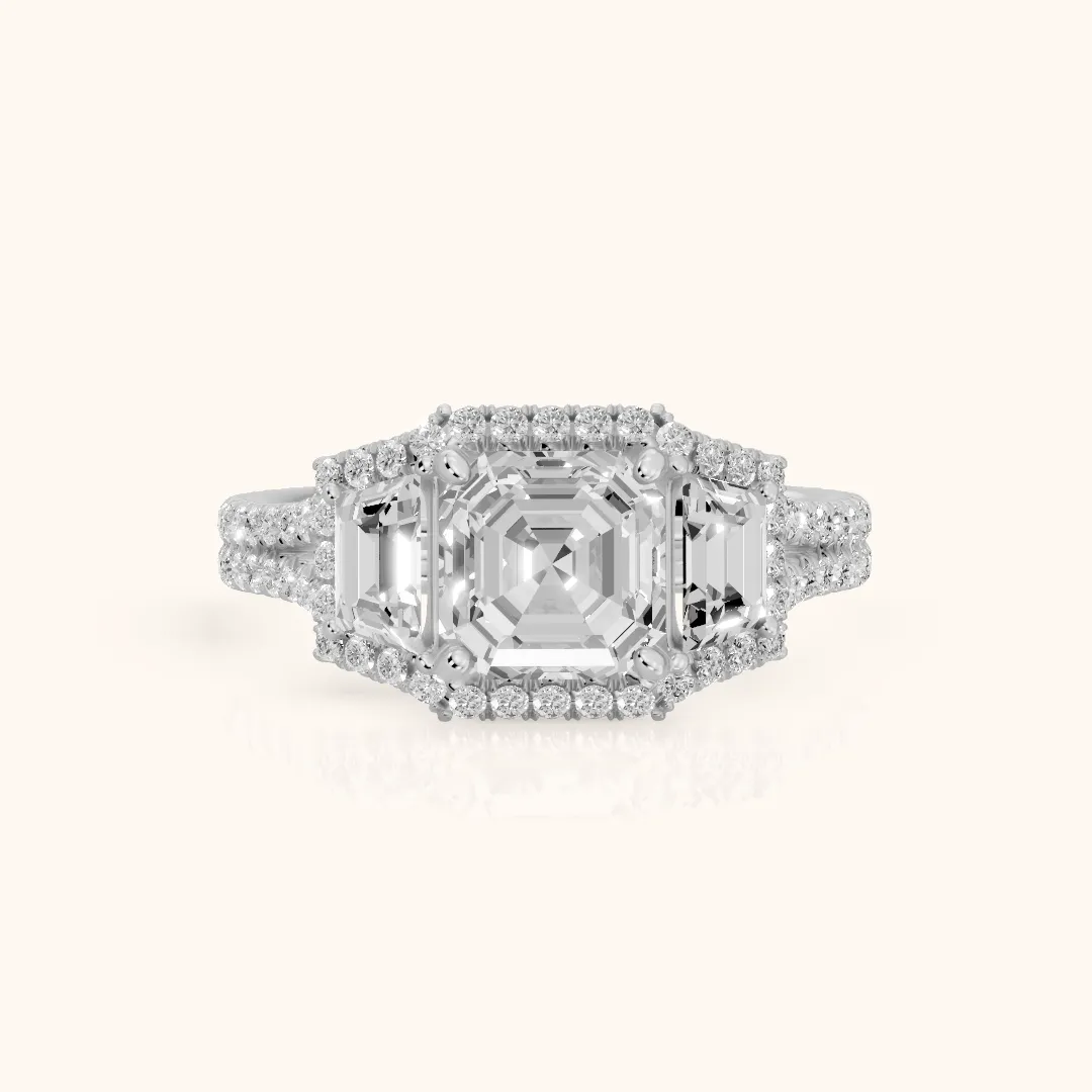 Oakley Three-Stone Split Shank Asscher Diamond Engagement Ring in Silver — view 2