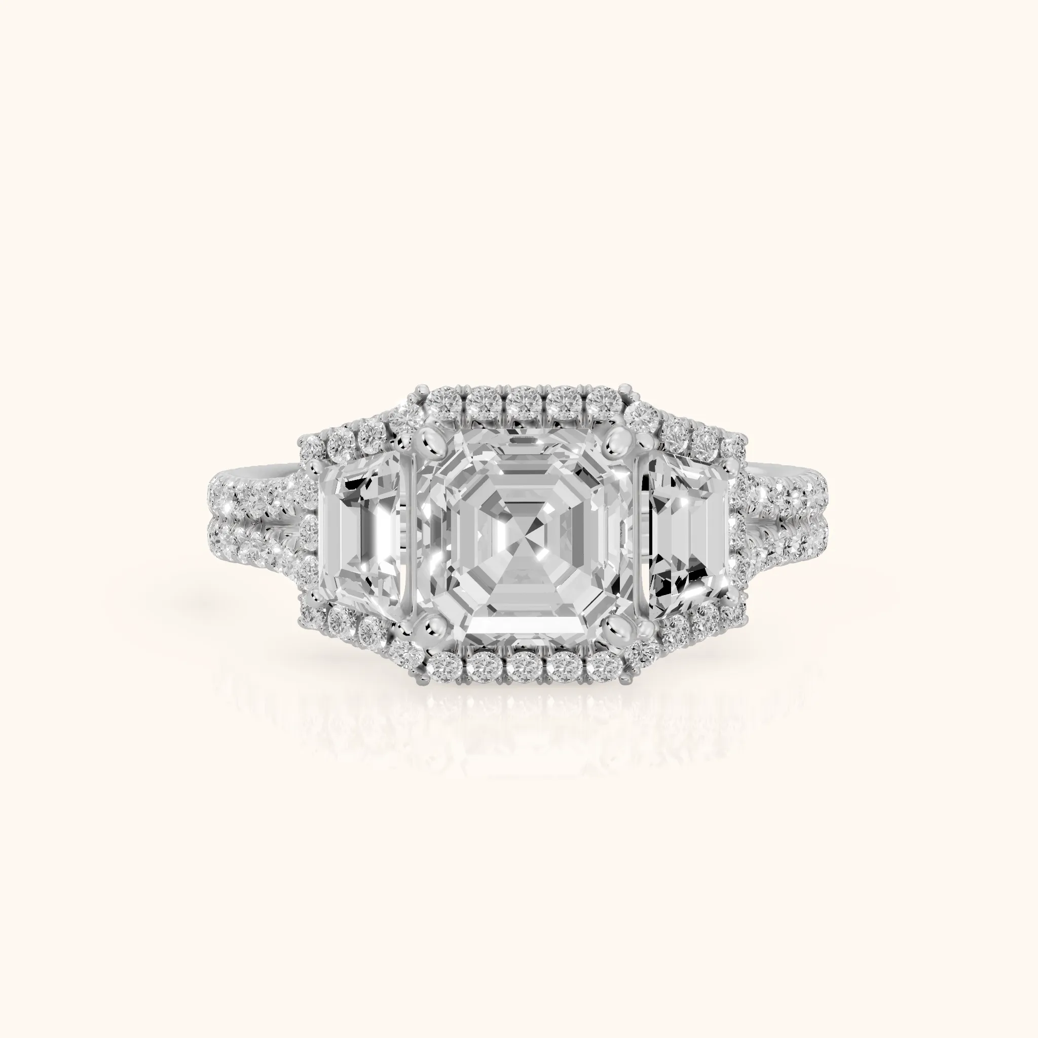 Oakley Three-Stone Split Shank Asscher Diamond Engagement Ring in Silver — view 1