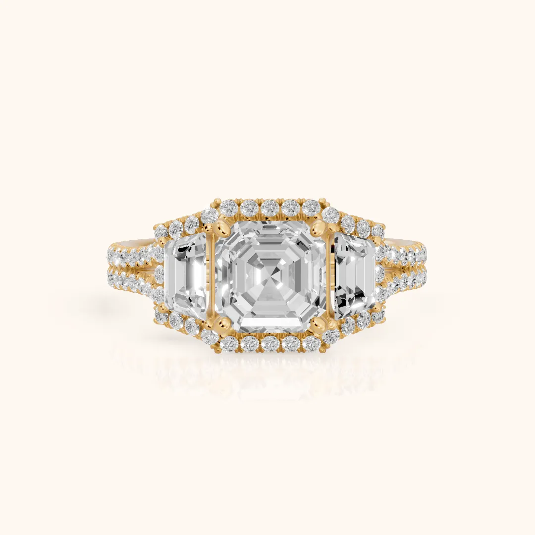 Oakley Three-Stone Split Shank Asscher Diamond Engagement Ring in Yellow Gold — view 2