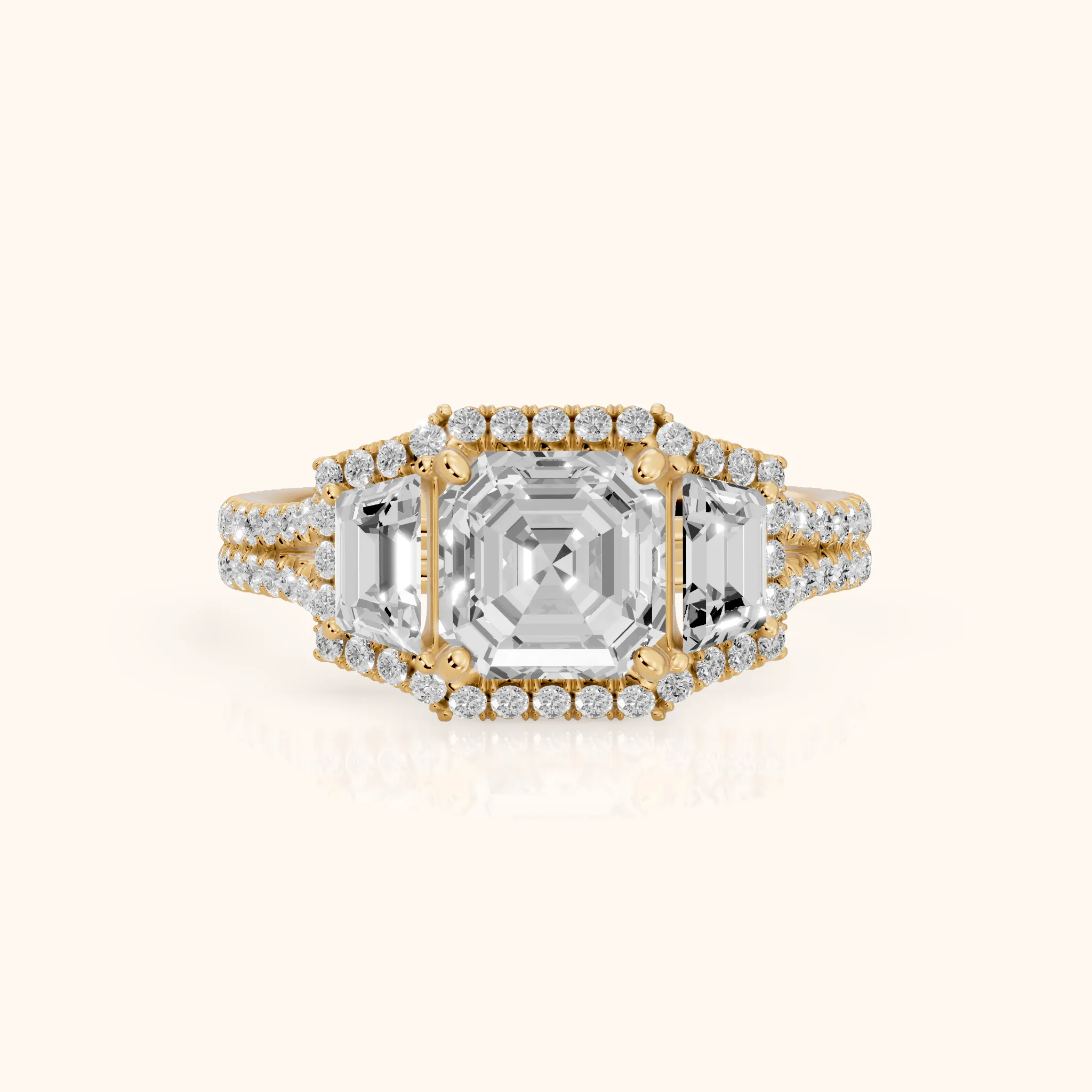 Oakley Three-Stone Split Shank Asscher Diamond Engagement Ring in Yellow Gold — view 1
