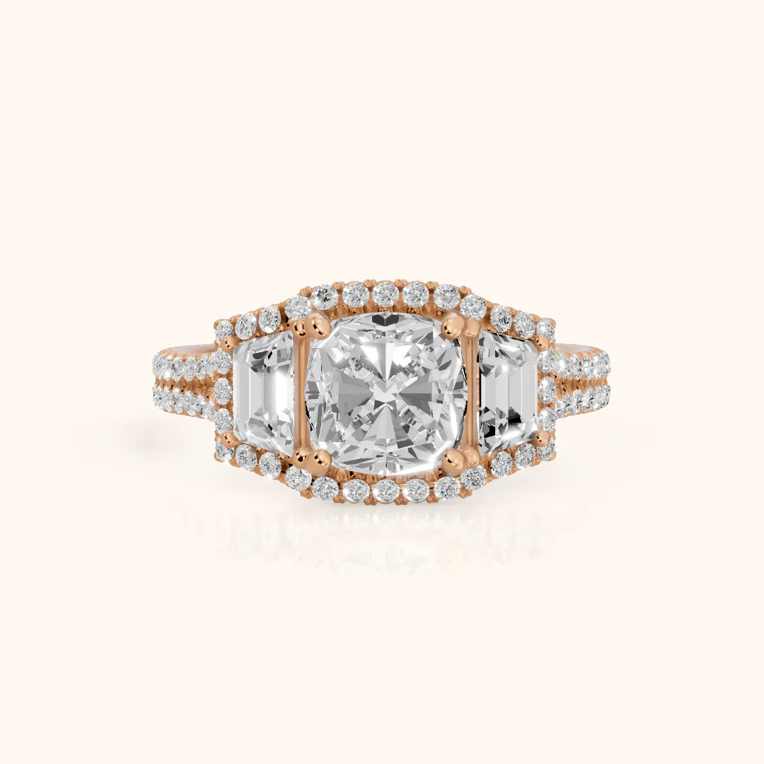 Oakley Three-Stone Split Shank Cushion Diamond Engagement Ring in Rose Gold — view 2