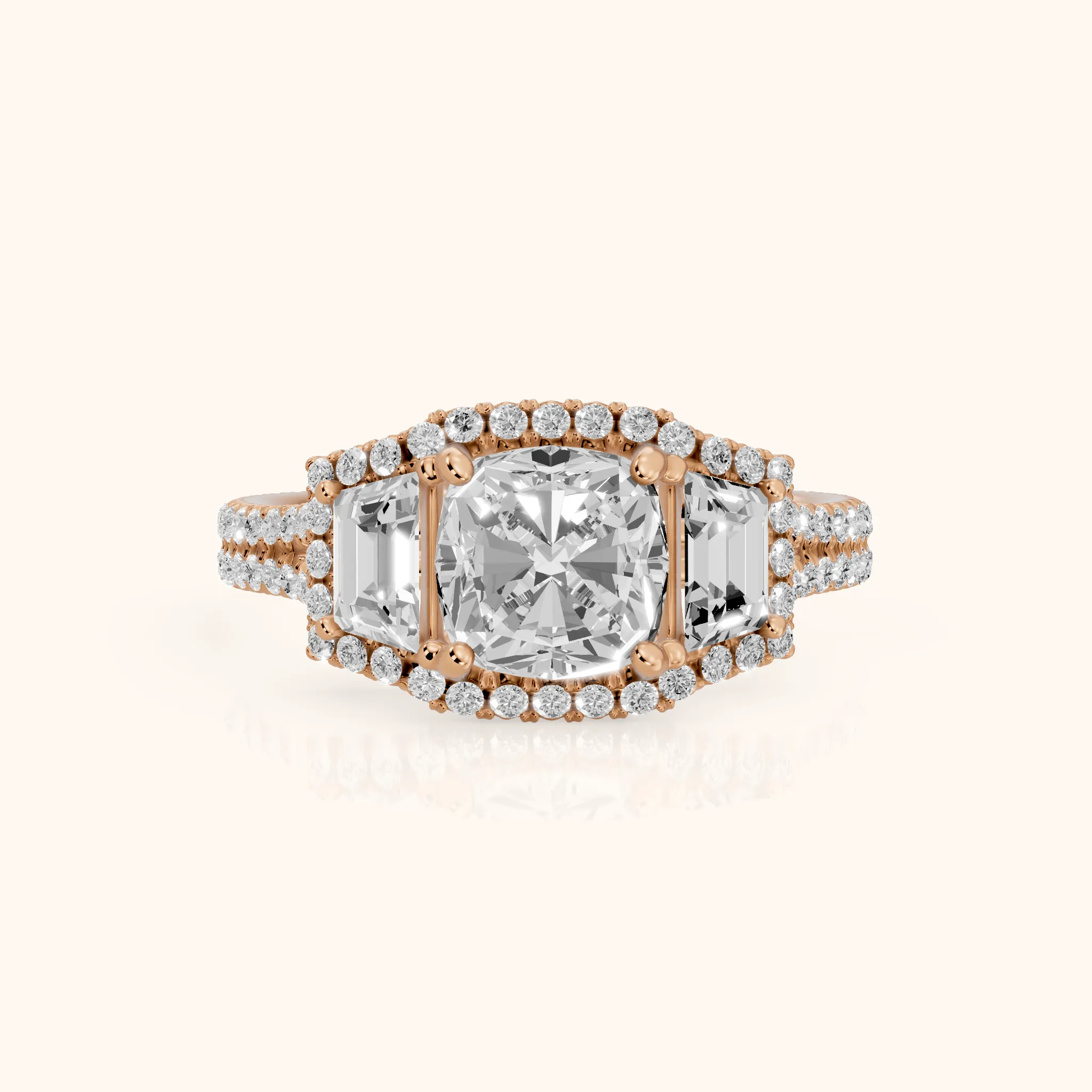 Oakley Three-Stone Split Shank Cushion Diamond Engagement Ring in Rose Gold — view 1