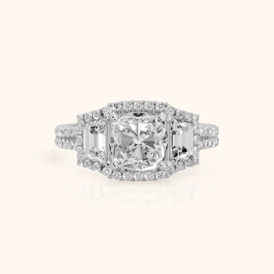 Oakley Three-Stone Split Shank Cushion Diamond Engagement Ring in Silver — view 2