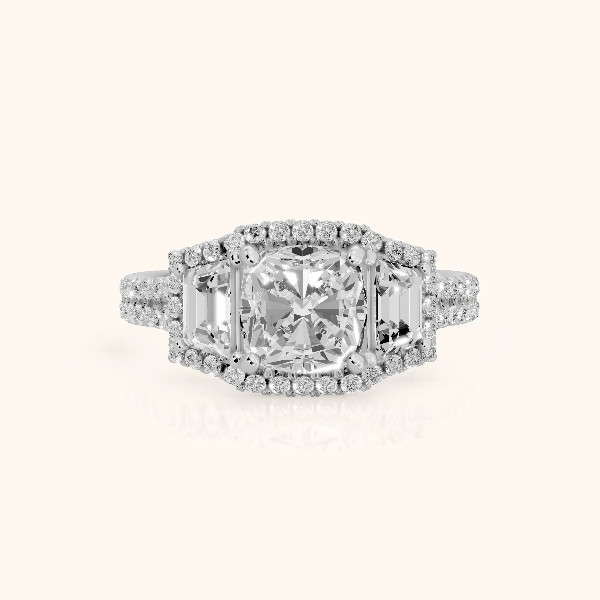 Oakley Three-Stone Split Shank Cushion Diamond Engagement Ring in Silver — view 1