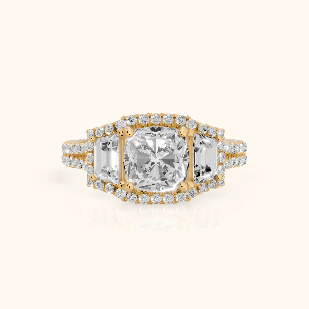 Oakley Three-Stone Split Shank Cushion Diamond Engagement Ring in Yellow Gold — view 2