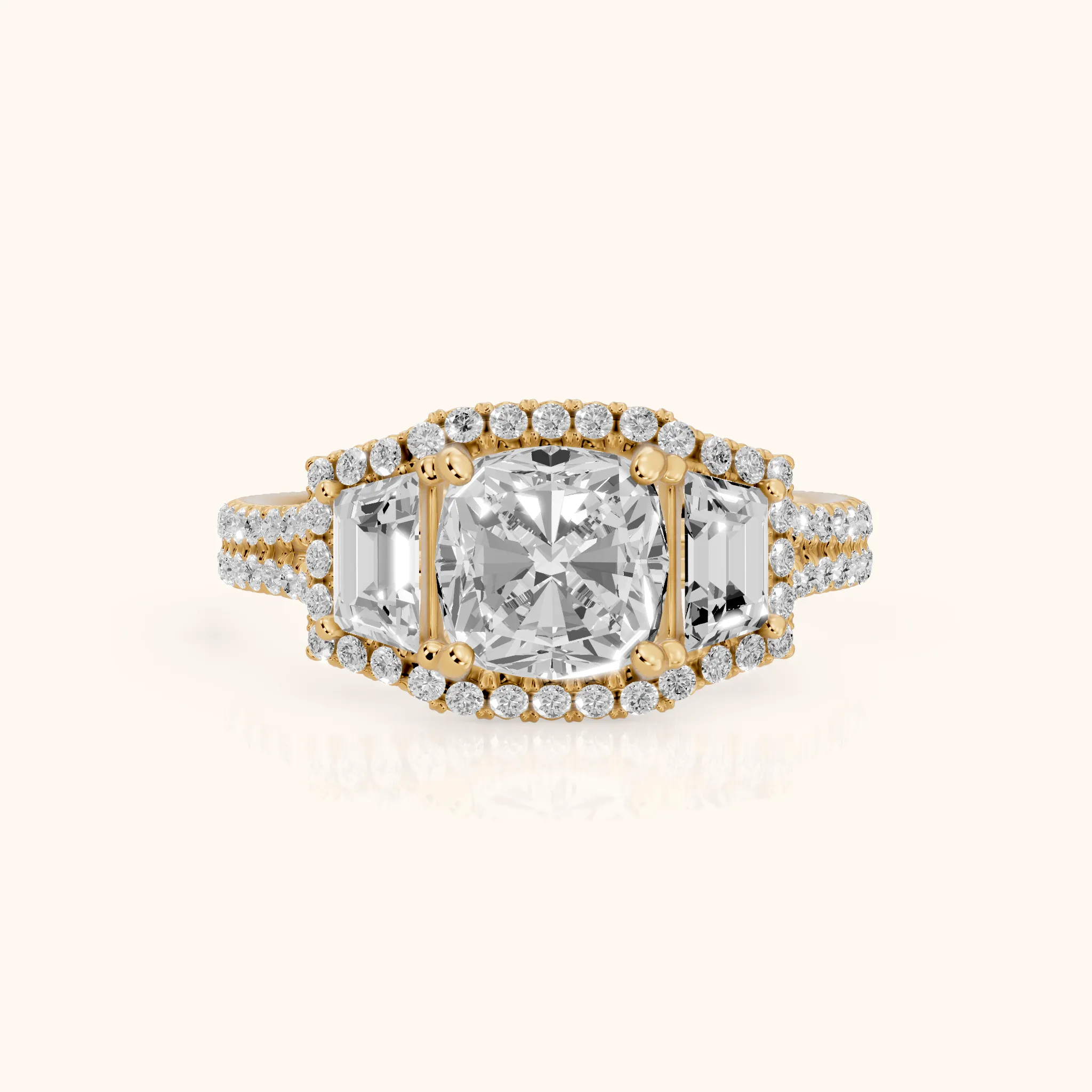 Oakley Three-Stone Split Shank Cushion Diamond Engagement Ring in Yellow Gold — view 1