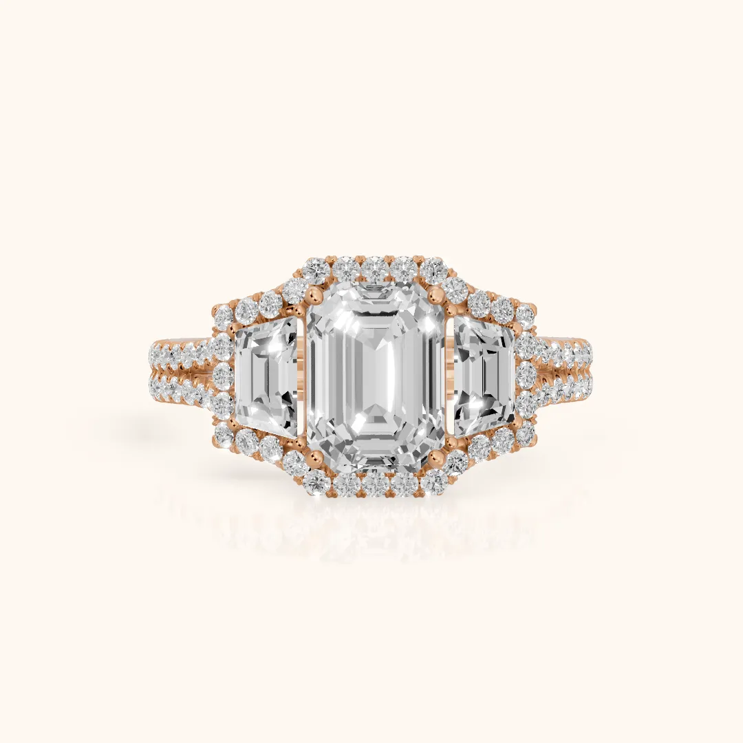 Oakley Three-Stone Split Shank Emerald Diamond Engagement Ring in Rose Gold — view 2