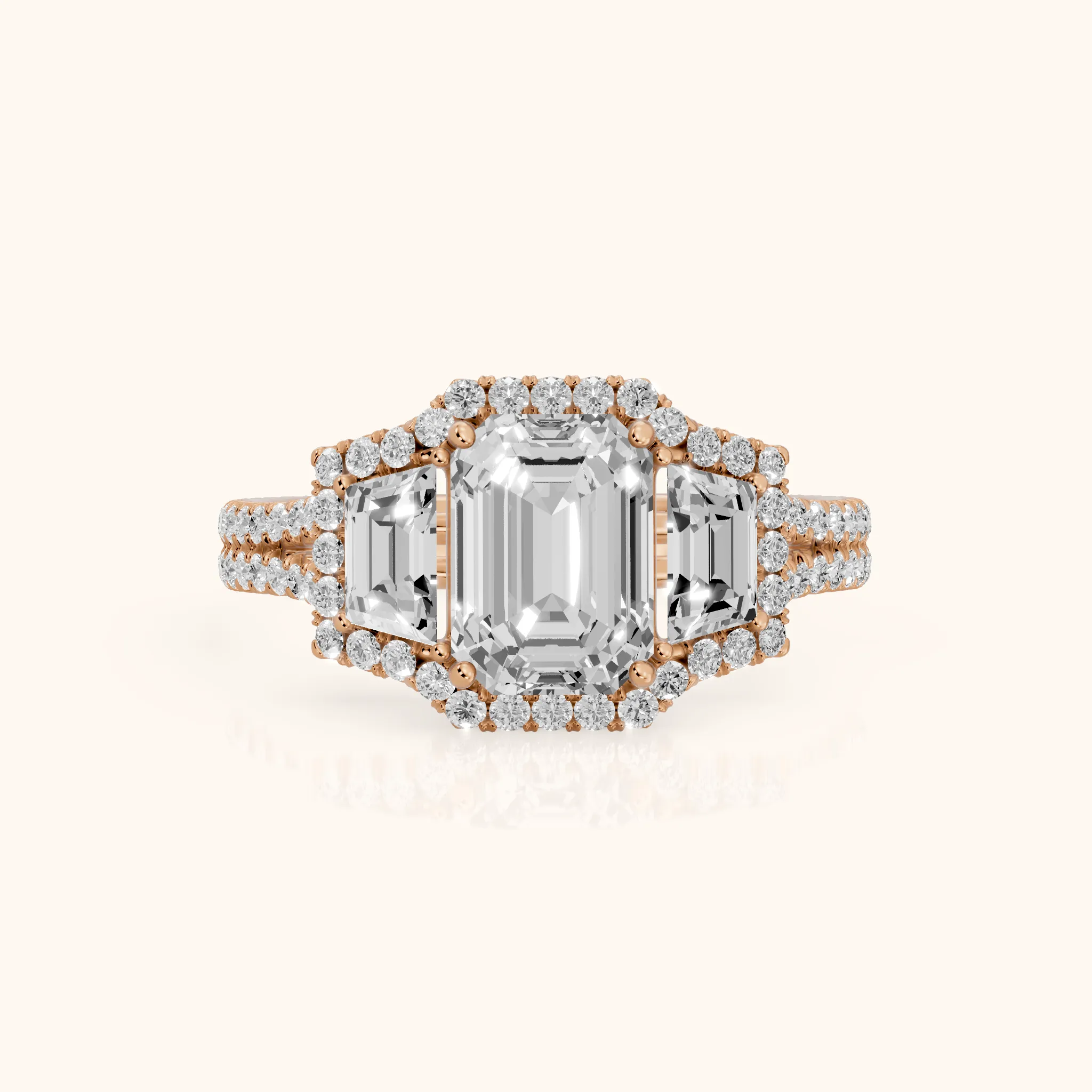 Oakley Three-Stone Split Shank Emerald Diamond Engagement Ring in Rose Gold — view 1