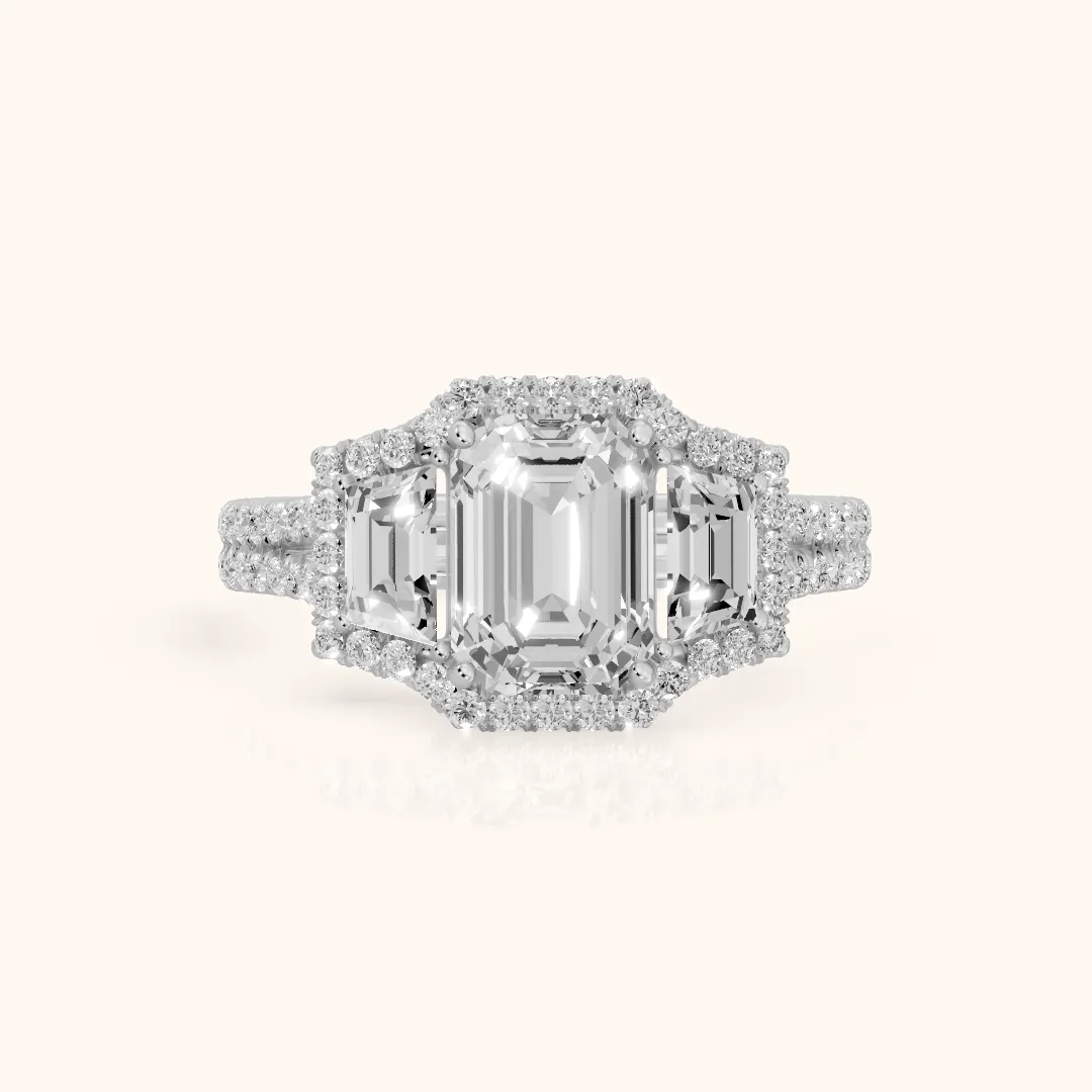 Oakley Three-Stone Split Shank Emerald Diamond Engagement Ring in Silver — view 2