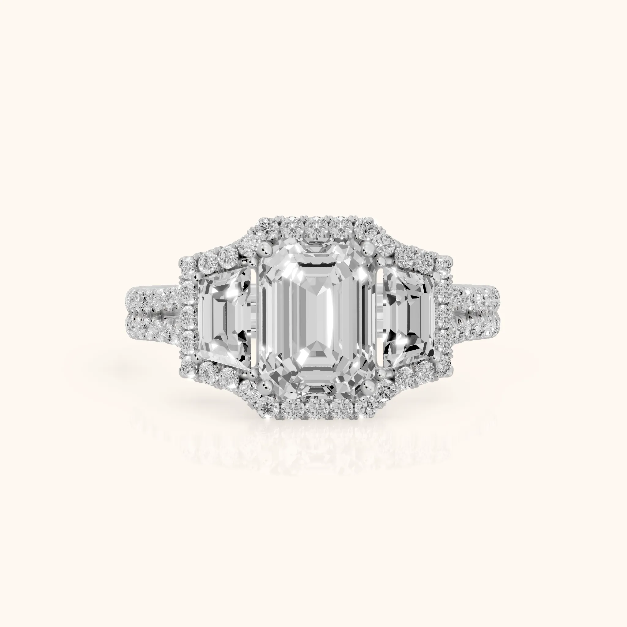 Oakley Three-Stone Split Shank Emerald Diamond Engagement Ring in Silver — view 1