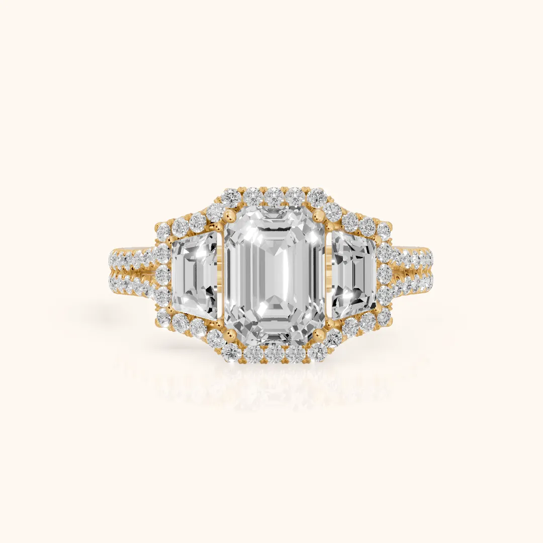 Oakley Three-Stone Split Shank Emerald Diamond Engagement Ring in Yellow Gold — view 2