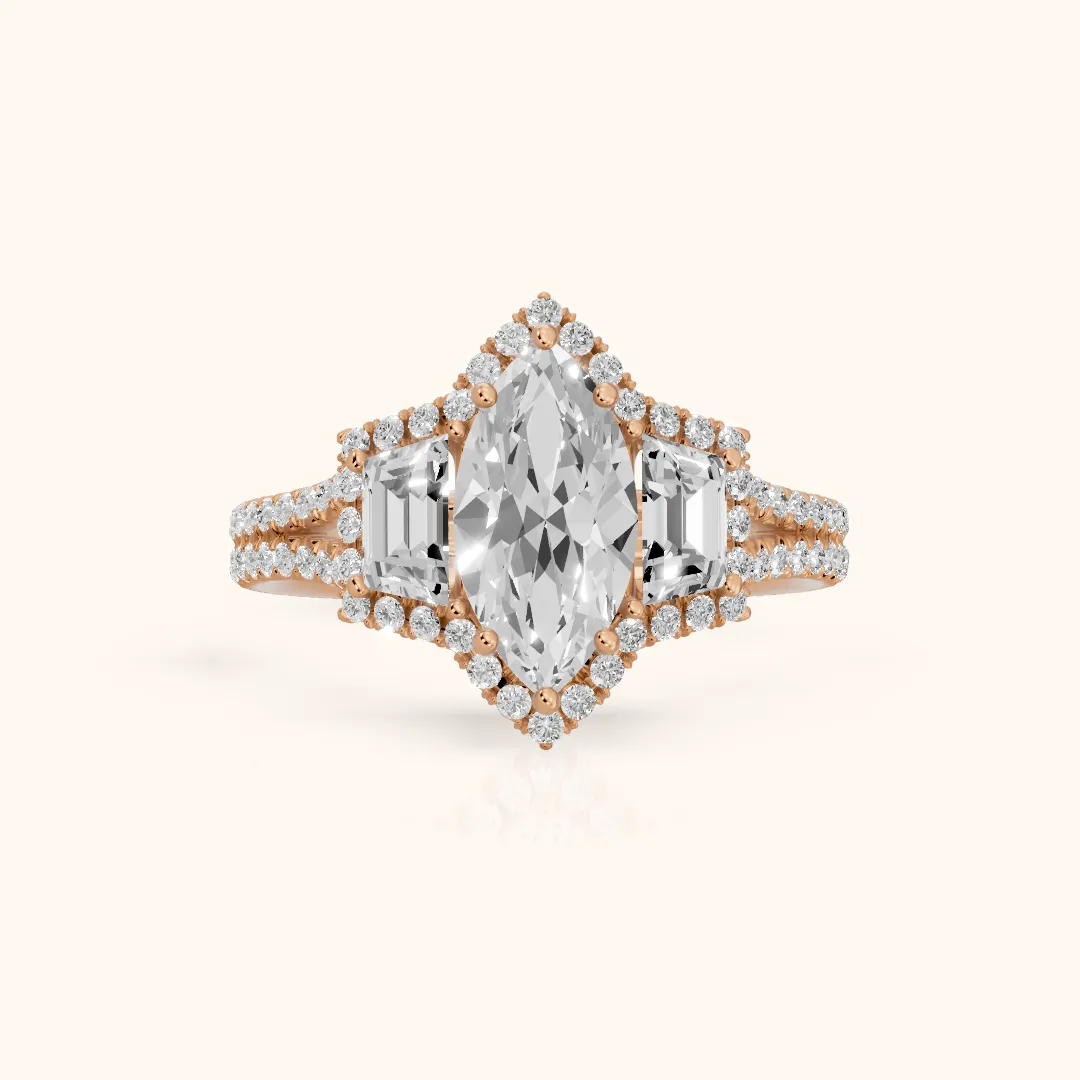 Oakley Three-Stone Split Shank Marquise Diamond Engagement Ring in Rose Gold — view 2