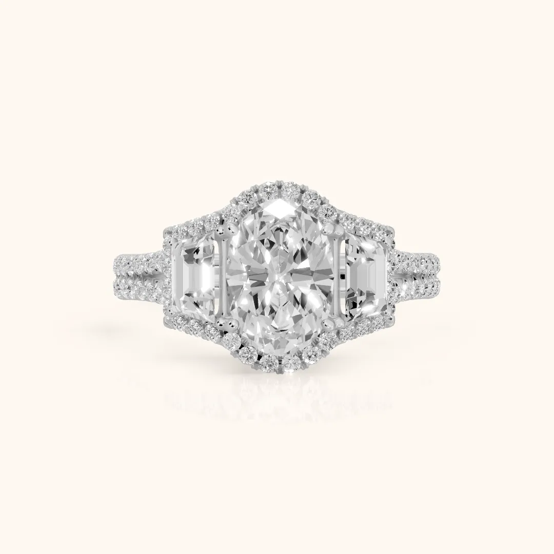Oakley Three-Stone Split Shank Oval Diamond Engagement Ring in White Gold — view 2