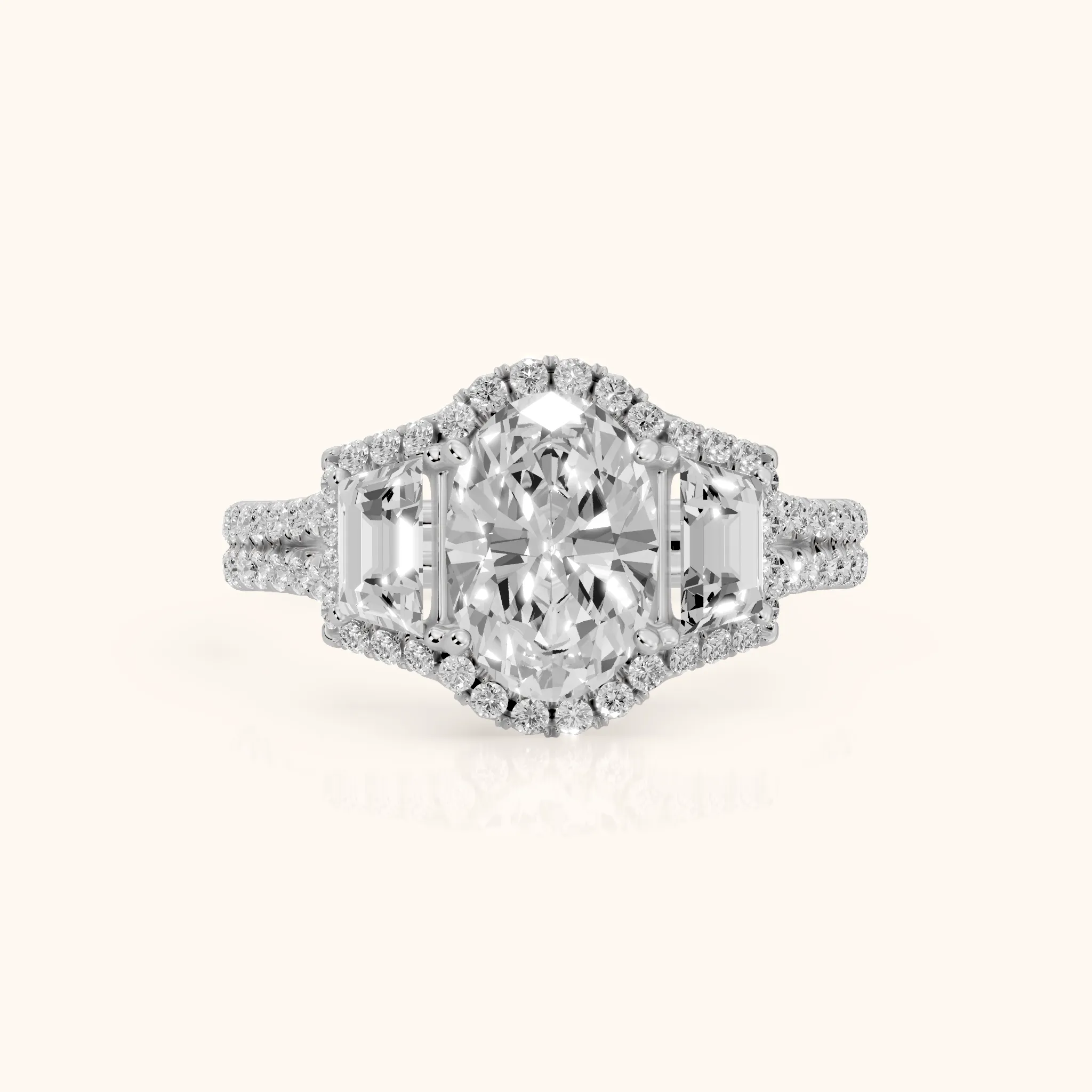Oakley Three-Stone Split Shank Oval Diamond Engagement Ring in White Gold — view 1
