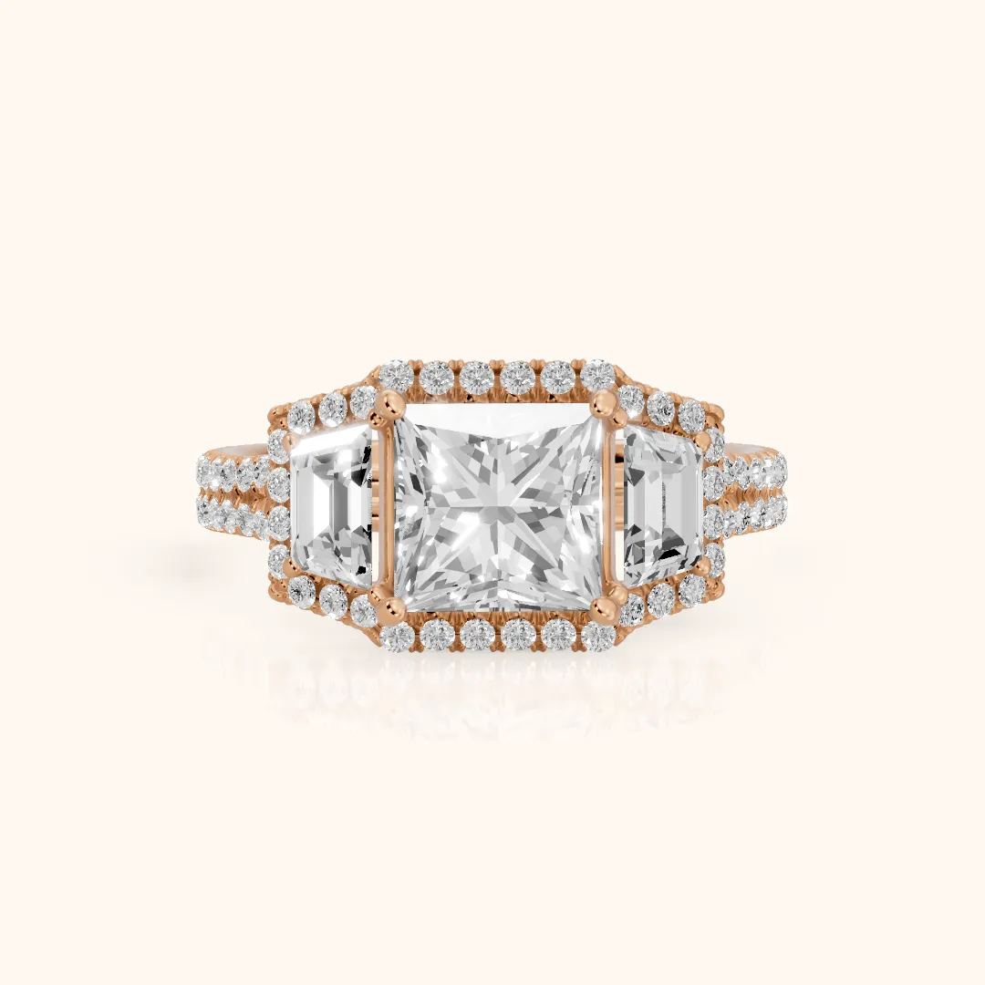 Oakley Three-Stone Split Shank Princess Diamond Engagement Ring in Rose Gold — view 2