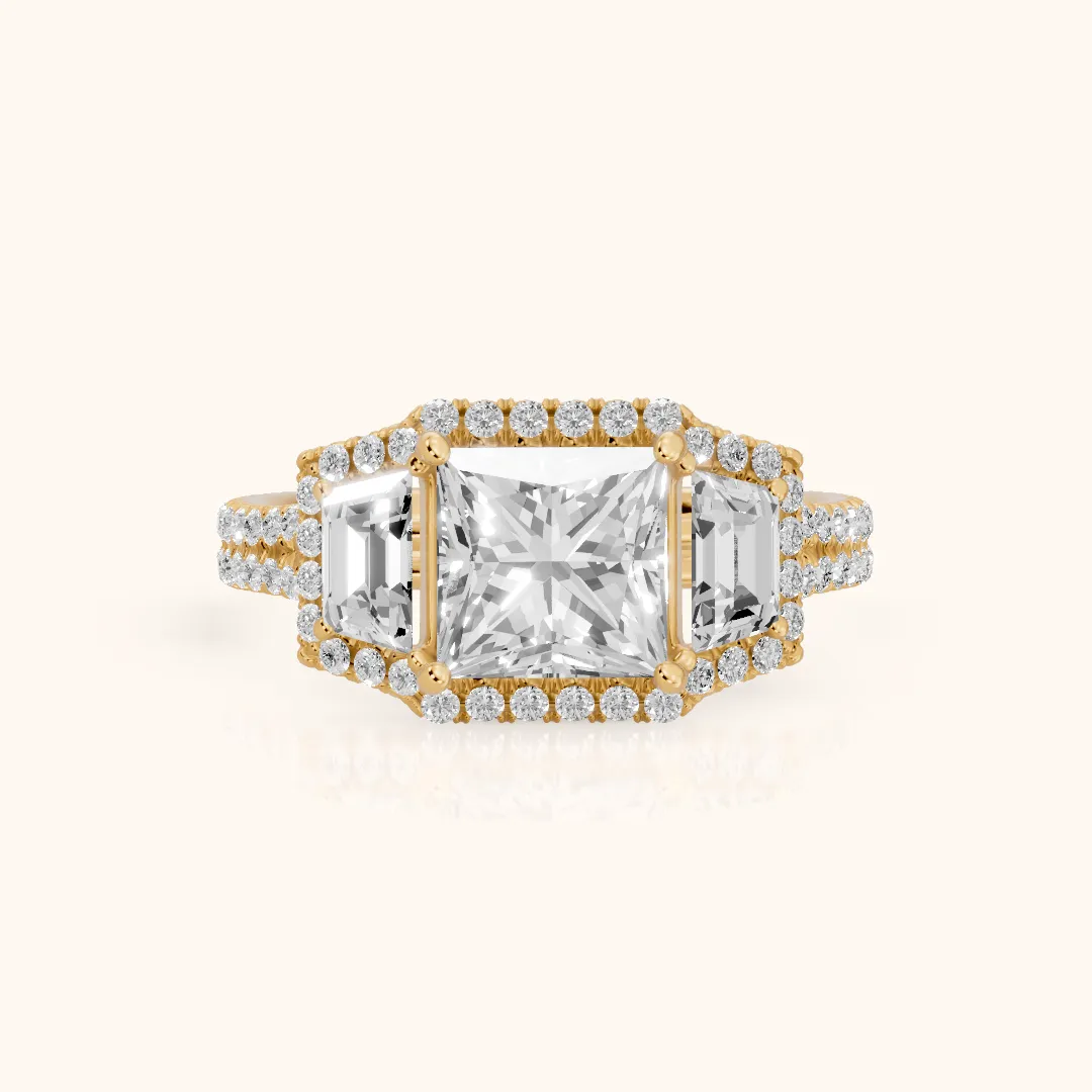 Oakley Three-Stone Split Shank Princess Diamond Engagement Ring in Yellow Gold — view 2