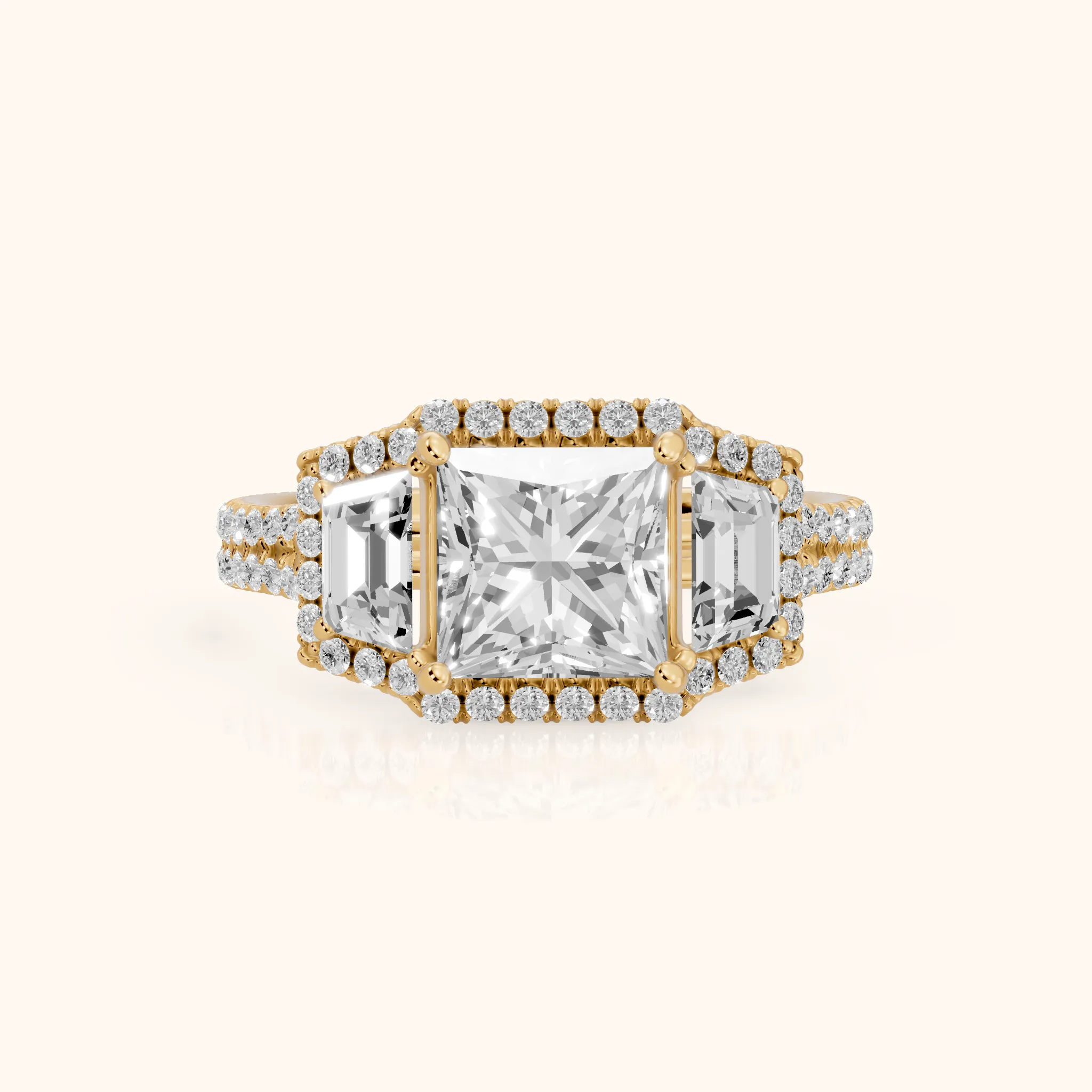 Oakley Three-Stone Split Shank Princess Diamond Engagement Ring in Yellow Gold — view 1