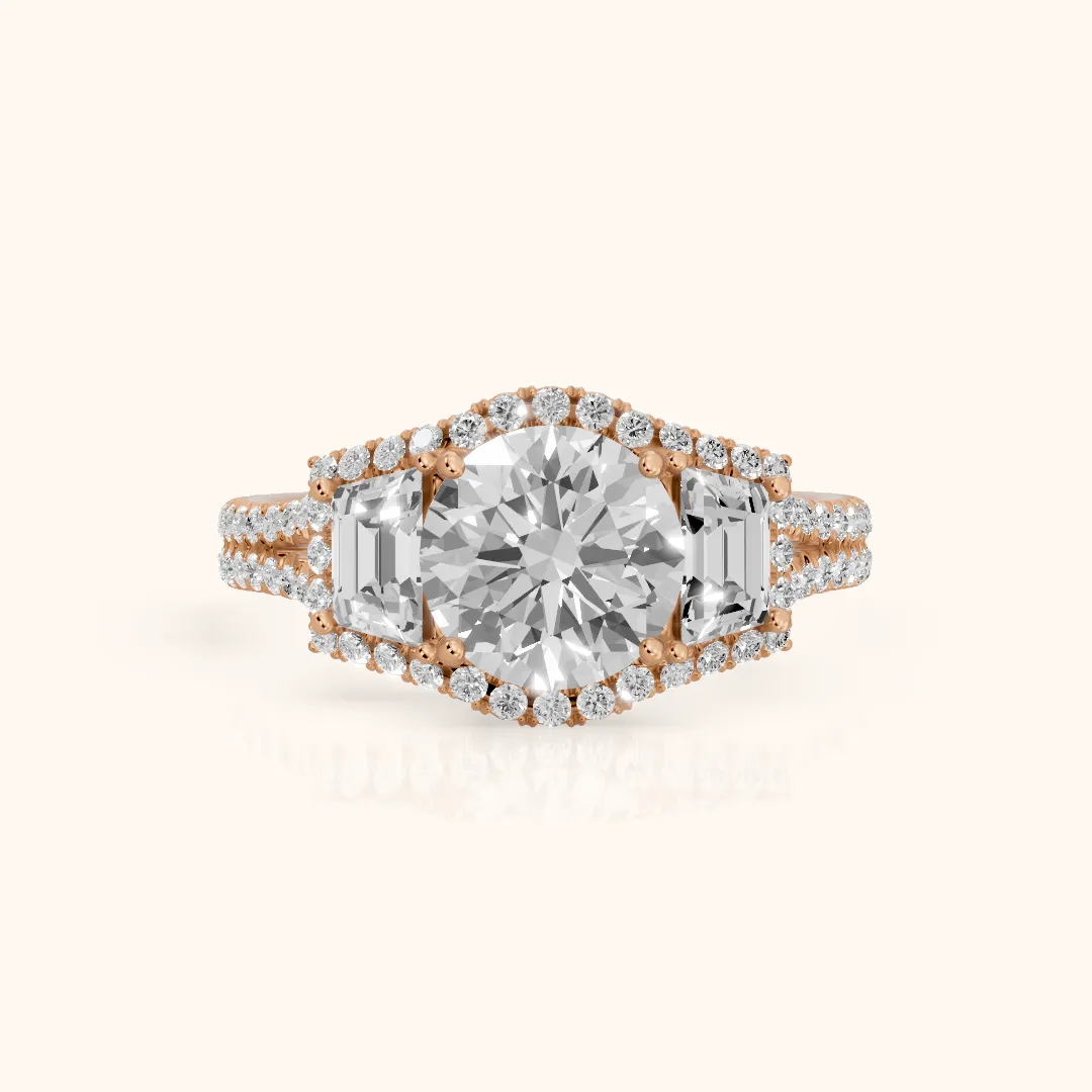 Oakley Three-Stone Split Shank Round Diamond Engagement Ring in Rose Gold — view 2