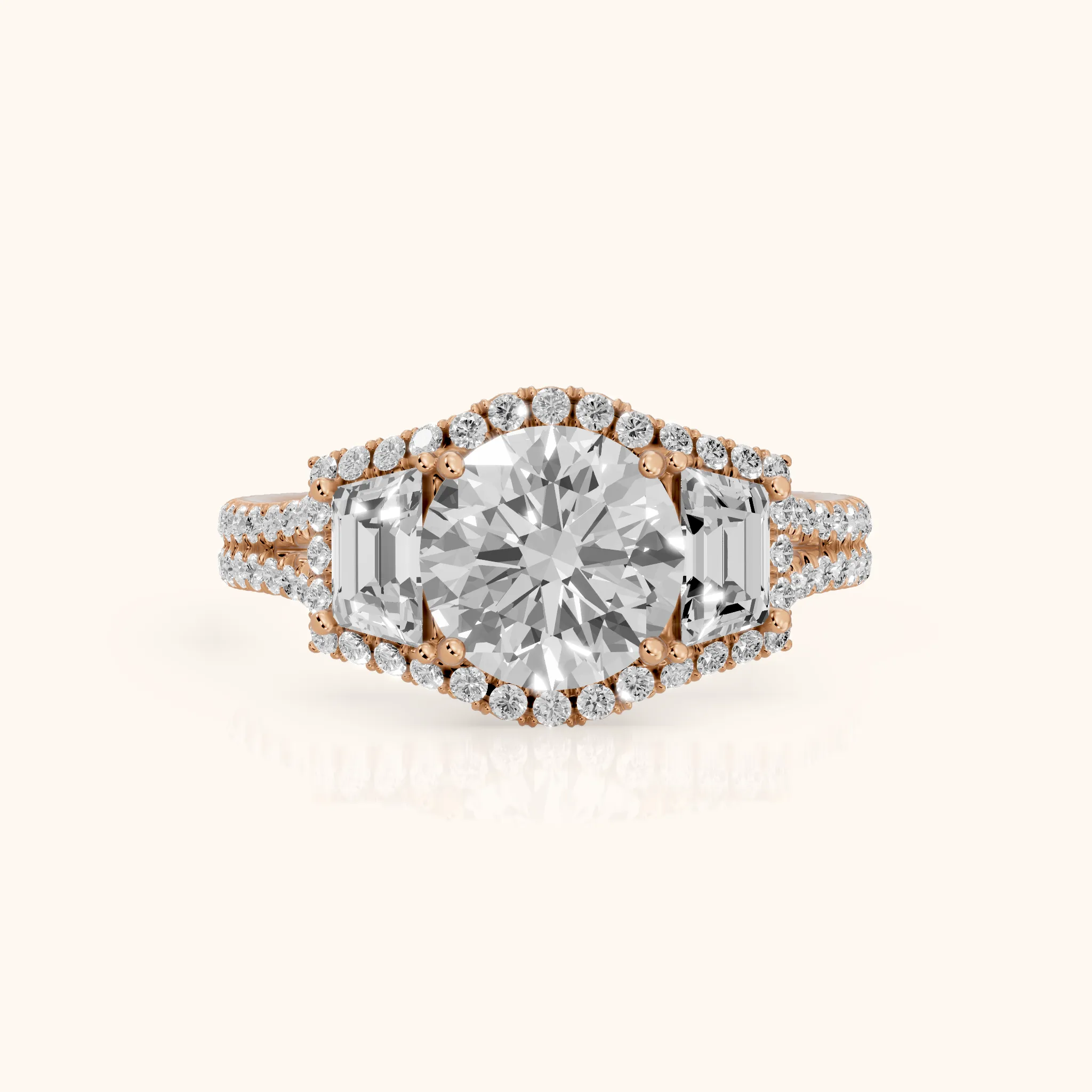 Oakley Three-Stone Split Shank Round Diamond Engagement Ring in Rose Gold — view 1