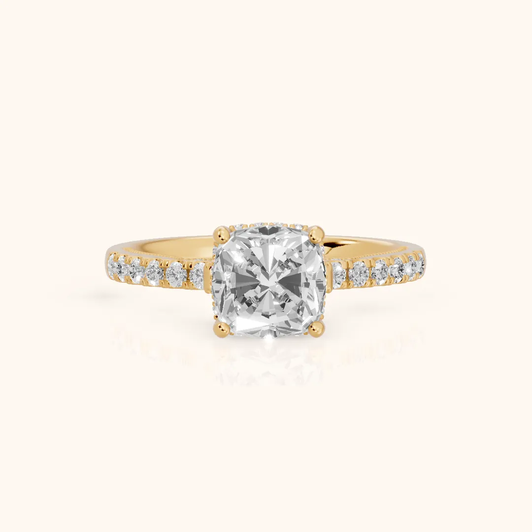 Rialto Hidden Halo Milgrain Cushion Diamond Engagement Ring in Yellow Gold — view 2