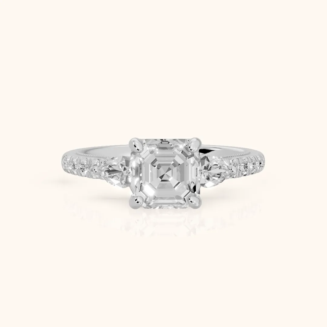 Weston Pear-Side Three-Stone Asscher Diamond Engagement Ring in White Gold — view 2