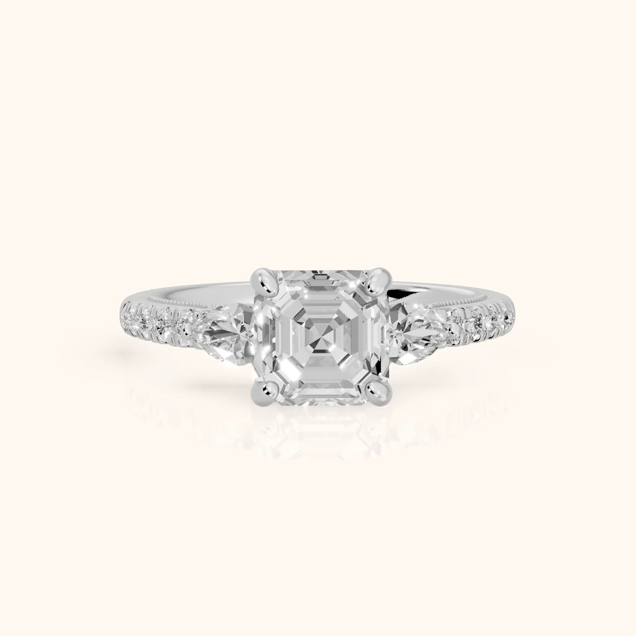 Weston Pear-Side Three-Stone Asscher Diamond Engagement Ring in White Gold — view 1