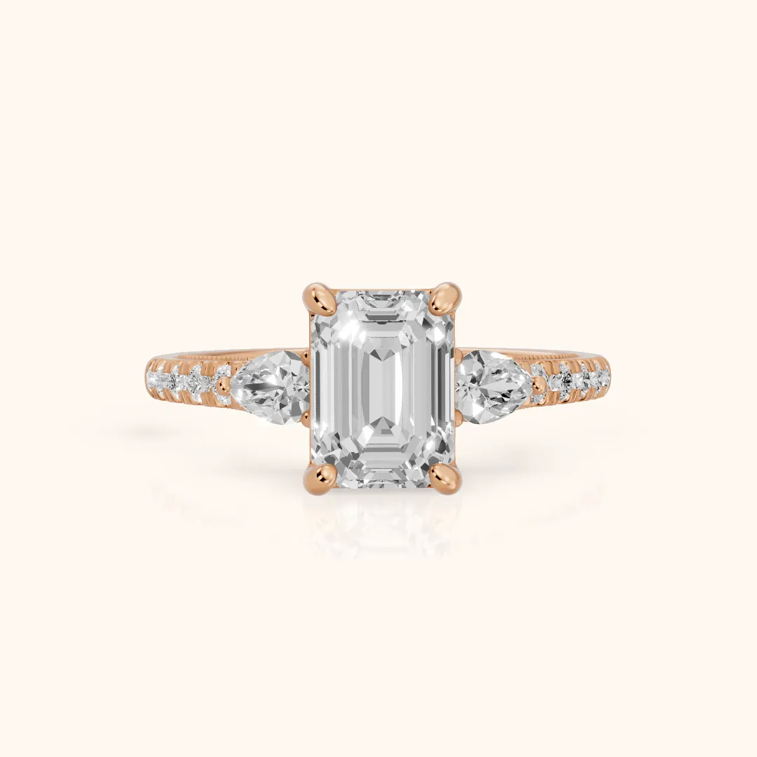 Weston Pear-Side Three-Stone Emerald Diamond Engagement Ring in Rose Gold — view 2