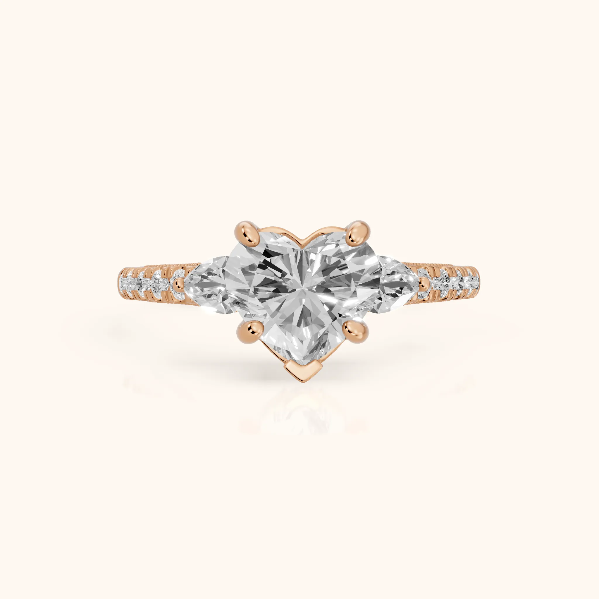 Weston Pear-Side Three-Stone Heart Diamond Engagement Ring in Rose Gold — view 1