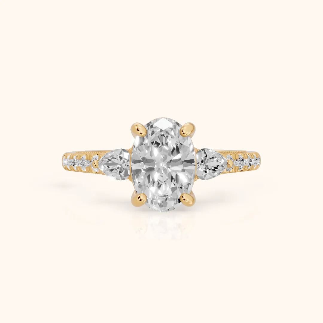 Weston Pear-Side Three-Stone Oval Diamond Engagement Ring in Yellow Gold — view 2