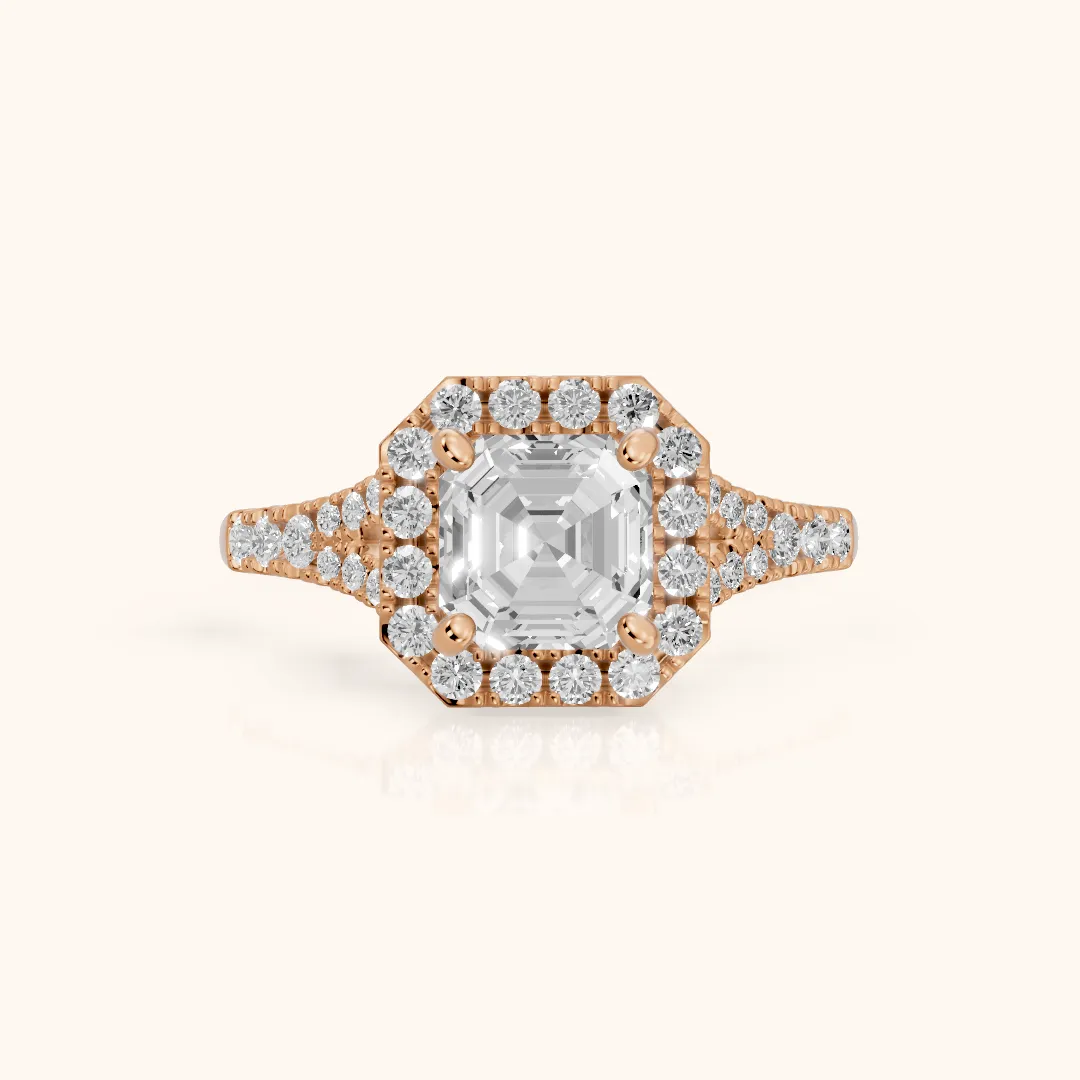 Kenner Halo Split Shank Asscher Diamond Engagement Ring in Rose Gold — view 2