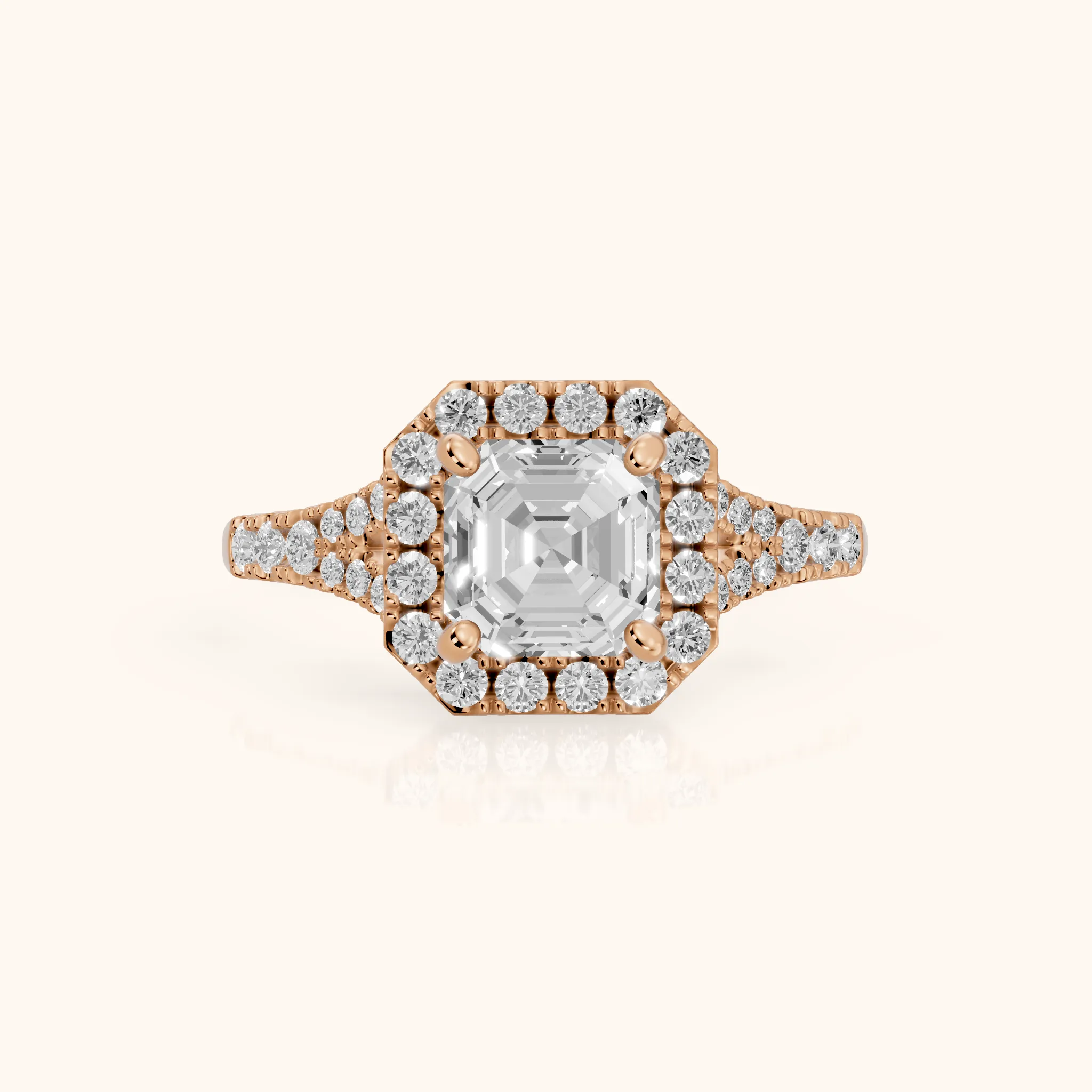 Kenner Halo Split Shank Asscher Diamond Engagement Ring in Rose Gold — view 1