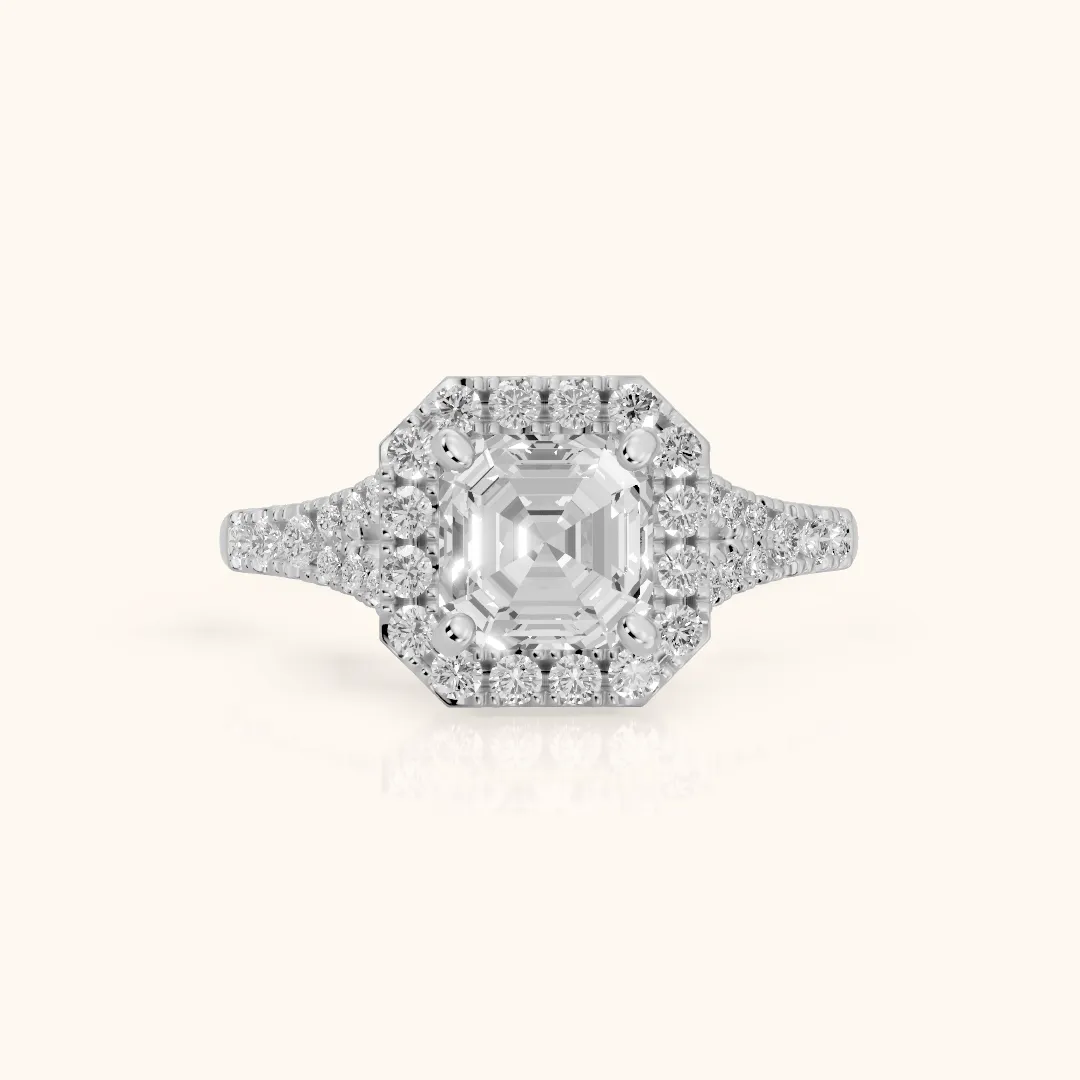 Kenner Halo Split Shank Asscher Diamond Engagement Ring in Silver — view 2