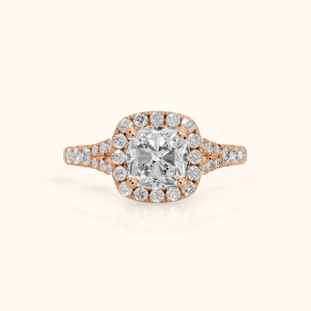 Kenner Halo Split Shank Cushion Diamond Engagement Ring in Rose Gold — view 2