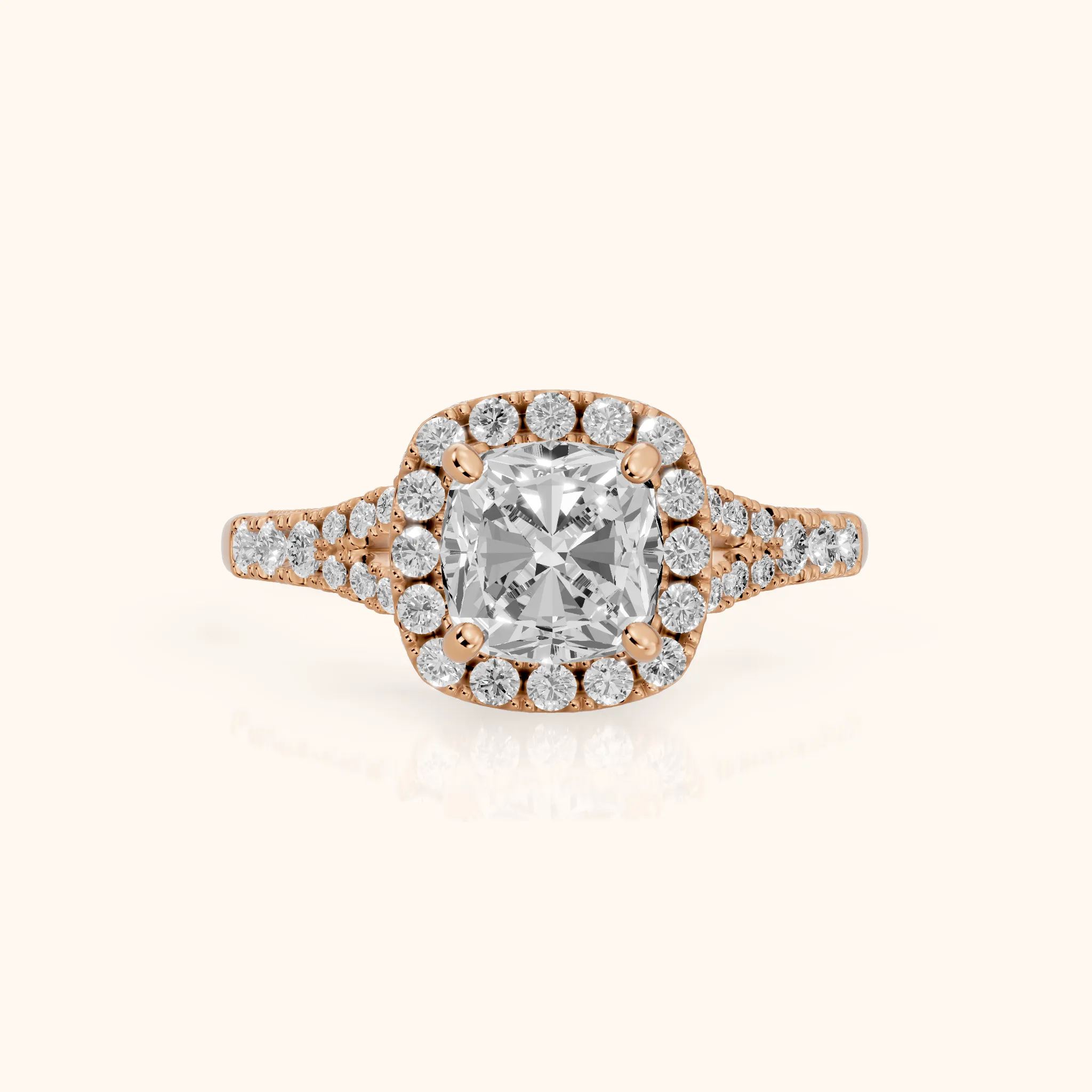 Kenner Halo Split Shank Cushion Diamond Engagement Ring in Rose Gold — view 1