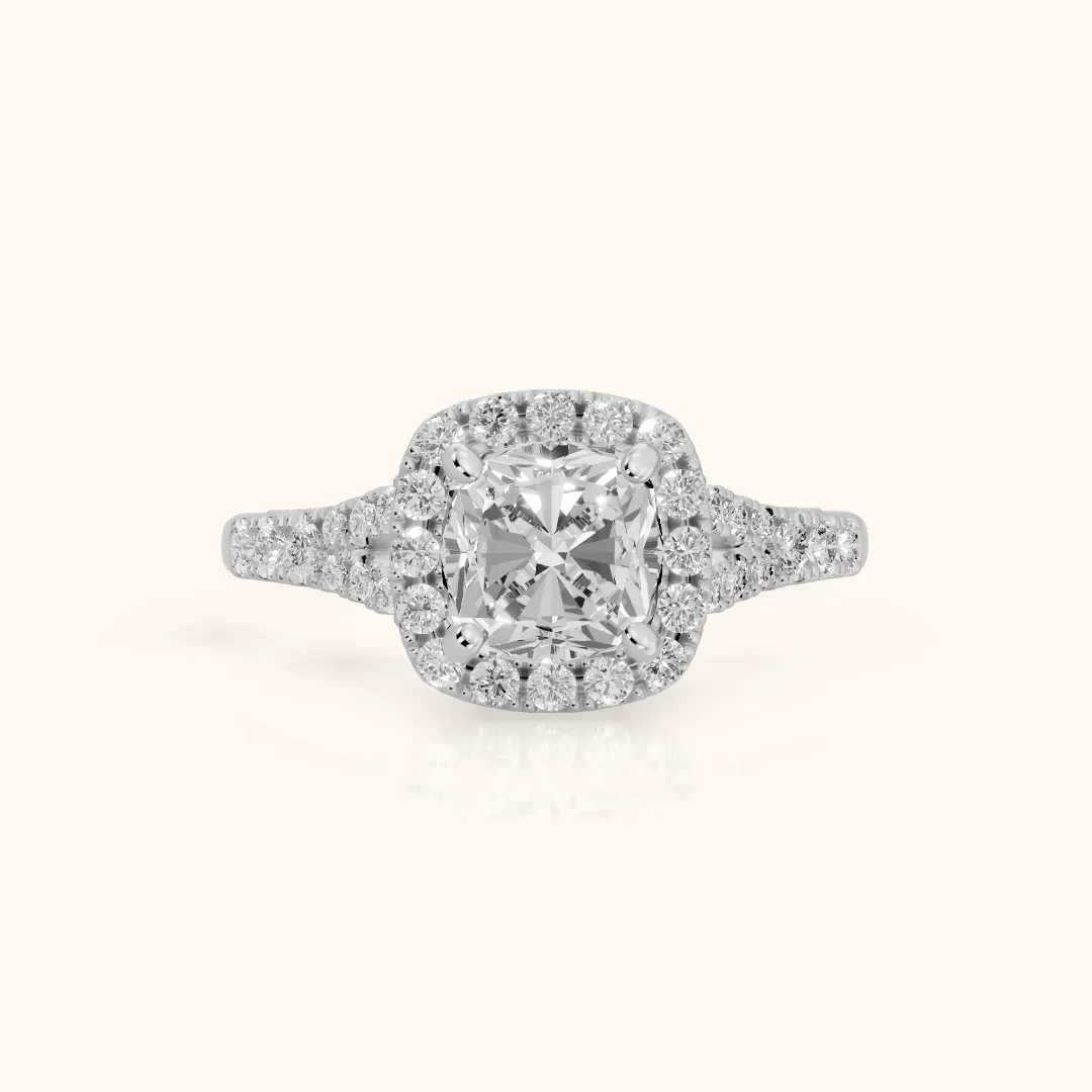Kenner Halo Split Shank Cushion Diamond Engagement Ring in Silver — view 2