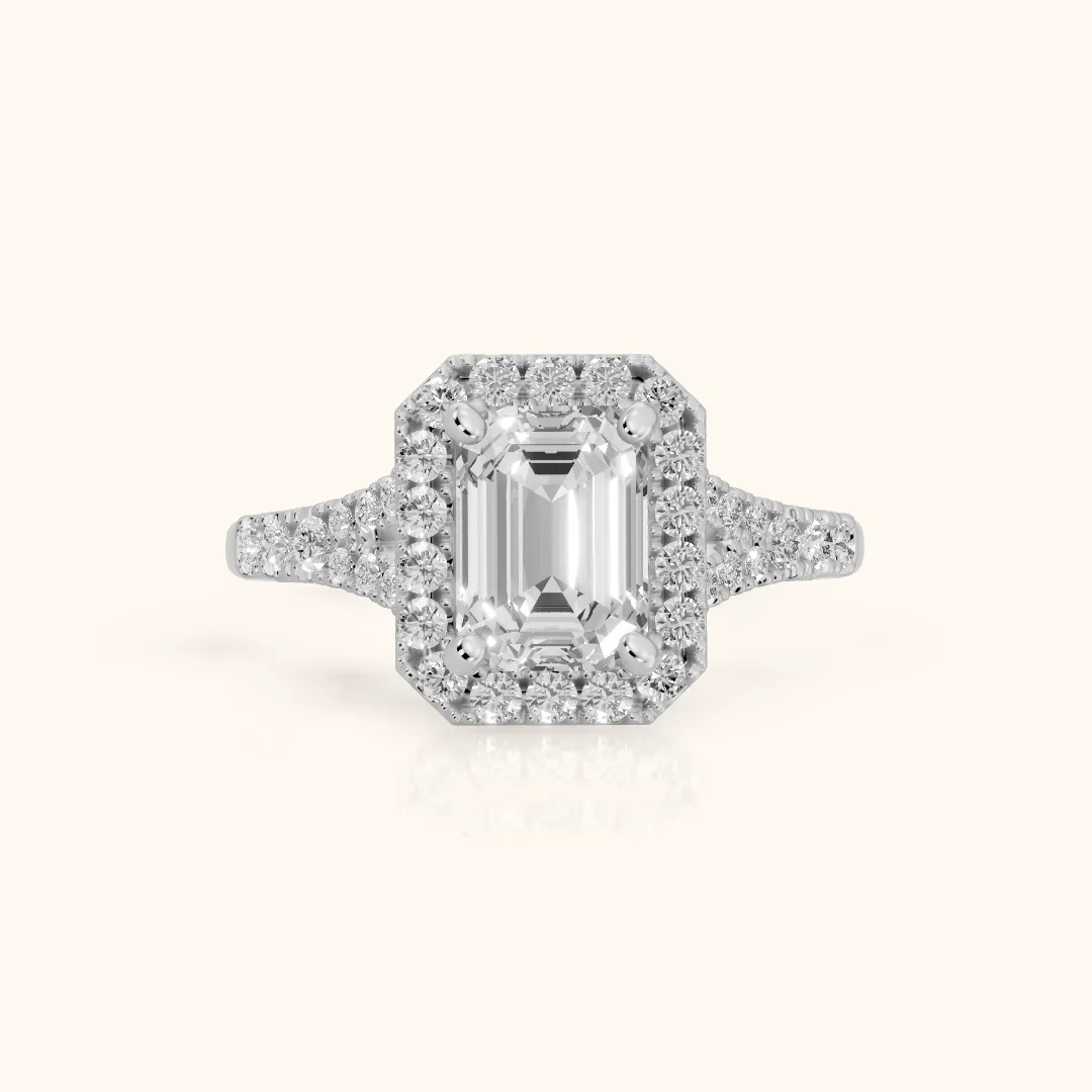 Kenner Halo Split Shank Emerald Diamond Engagement Ring in Silver — view 2