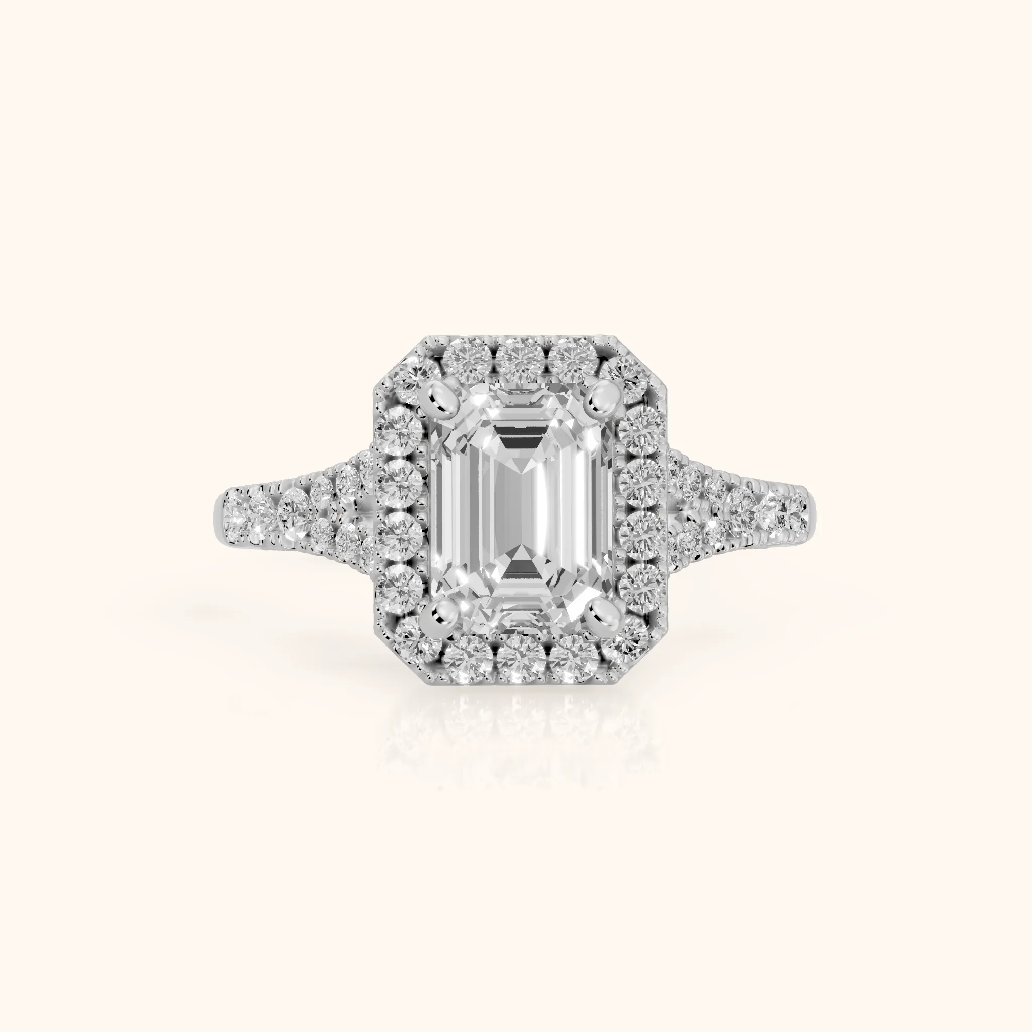 Kenner Halo Split Shank Emerald Diamond Engagement Ring in Silver — view 1