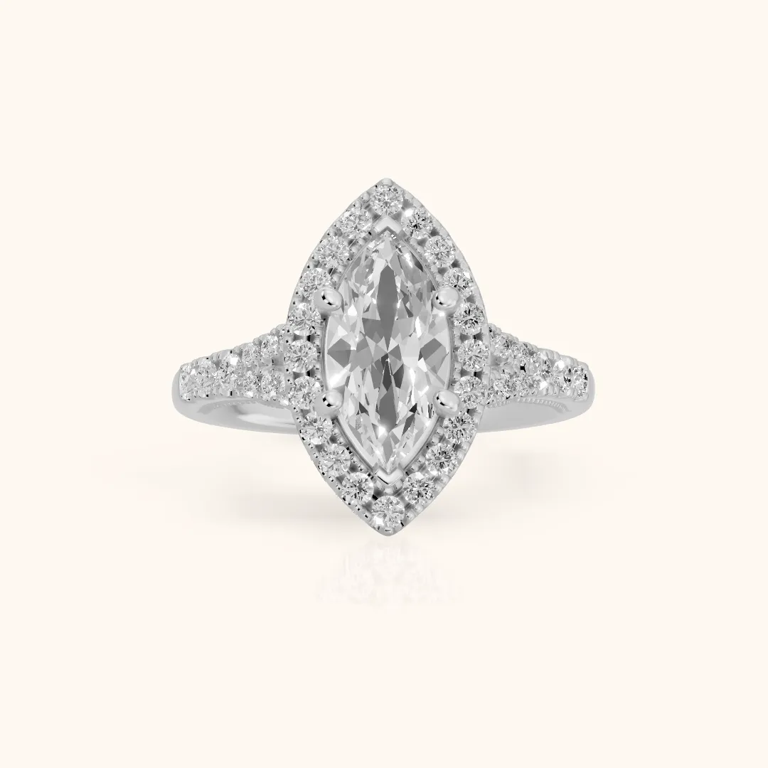 Kenner Halo Split Shank Marquise Diamond Engagement Ring in Platinum — view 2