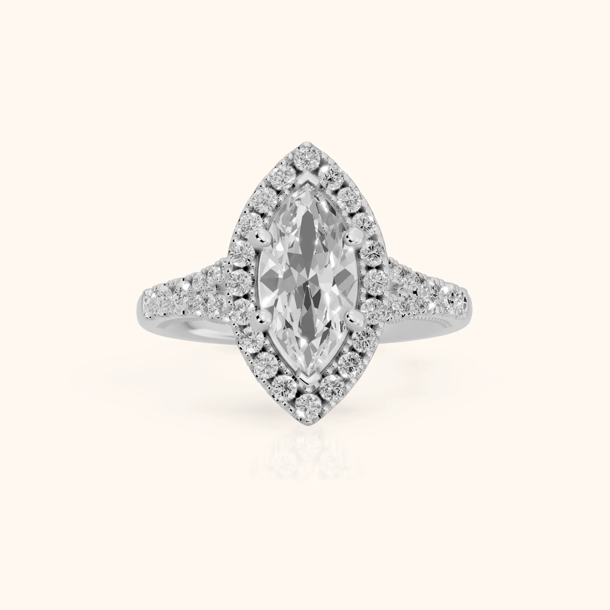 Kenner Halo Split Shank Marquise Diamond Engagement Ring in Platinum — view 1