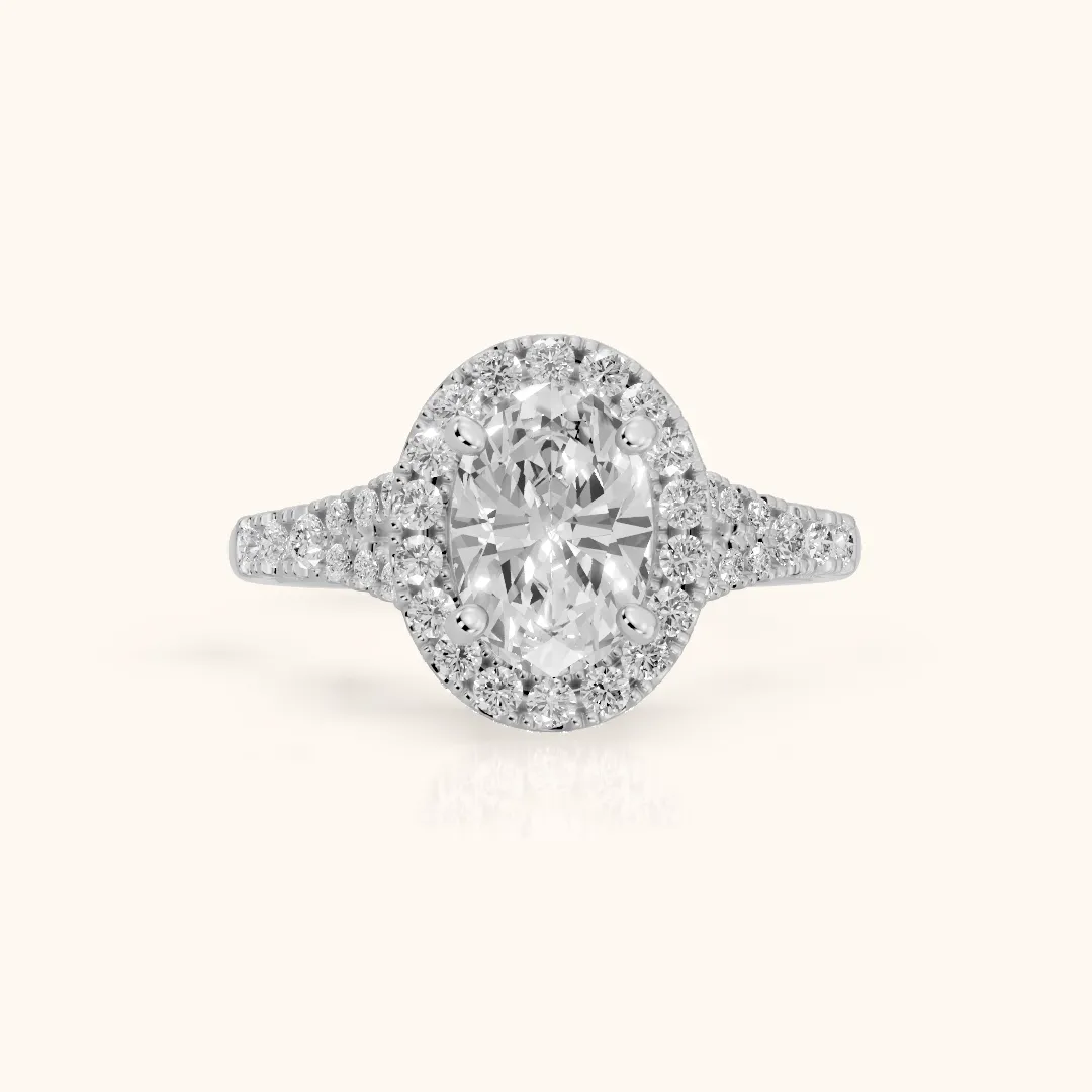 Kenner Halo Split Shank Oval Diamond Engagement Ring in Platinum — view 2