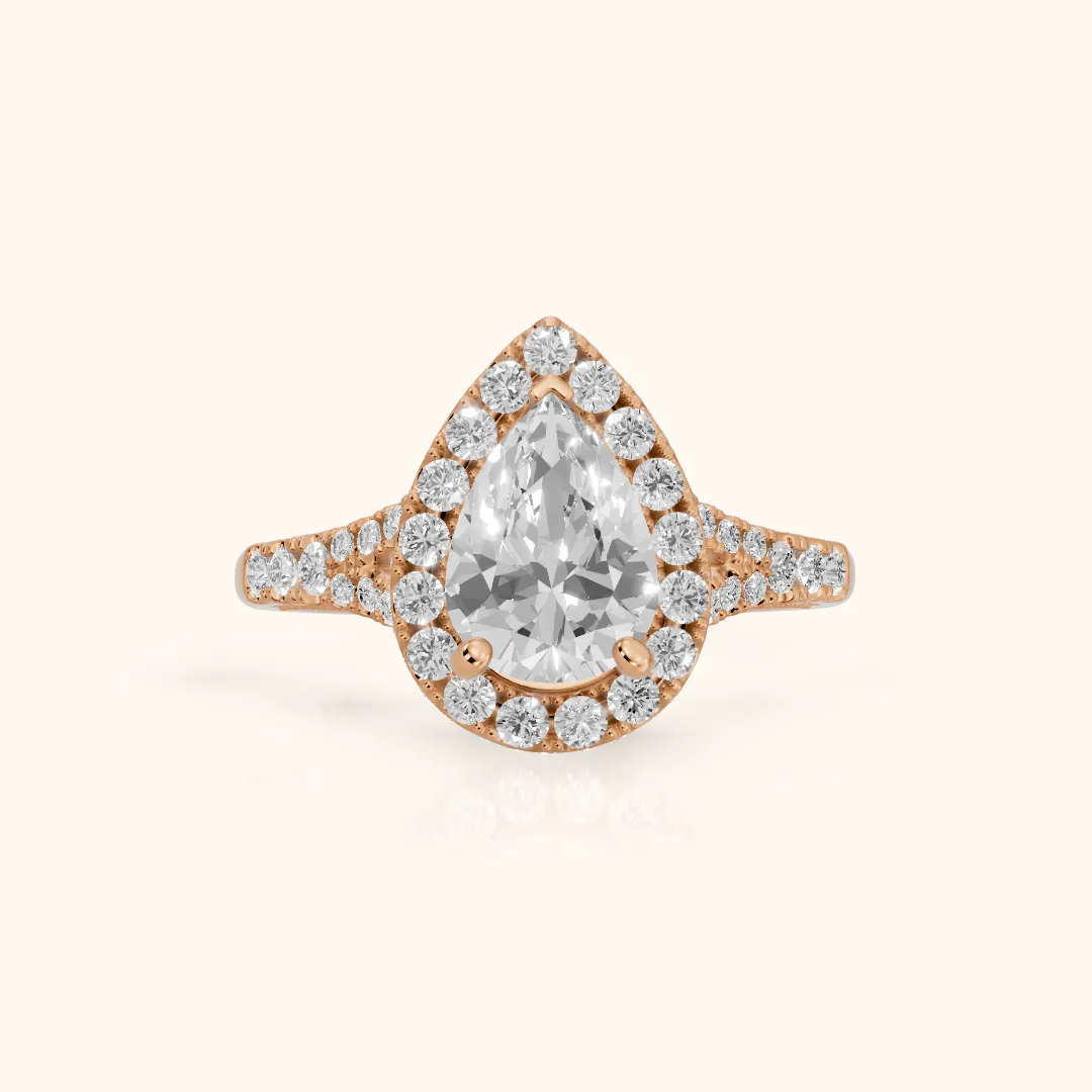 Kenner Halo Split Shank Pear Diamond Engagement Ring in Rose Gold — view 2