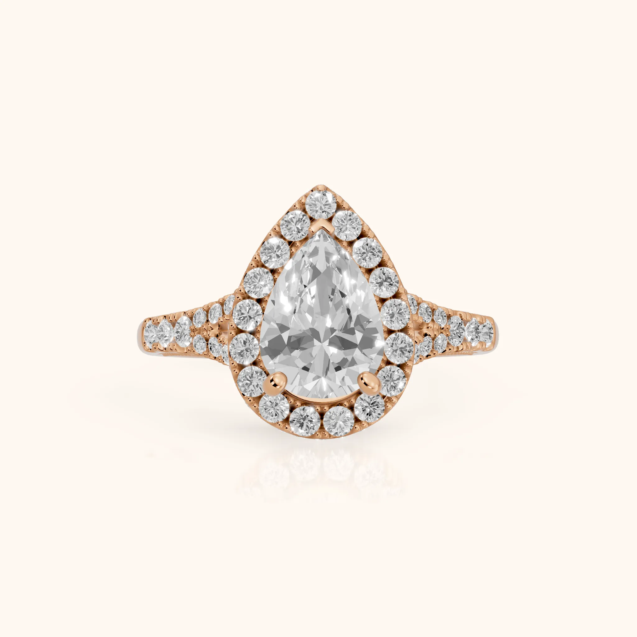 Kenner Halo Split Shank Pear Diamond Engagement Ring in Rose Gold — view 1